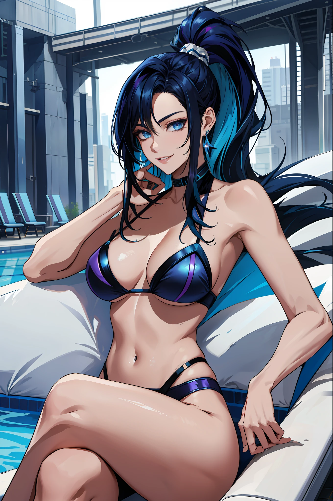 masterpiece, best quality, highres, Kai'sa1, 1girl, solo, blue black hair, k/da \(league of legends\), very long hair, multicolored hair, ponytail, blue eyes, earrings, two-tone hair, large breasts, poolside, micro bikini, smile, sitting