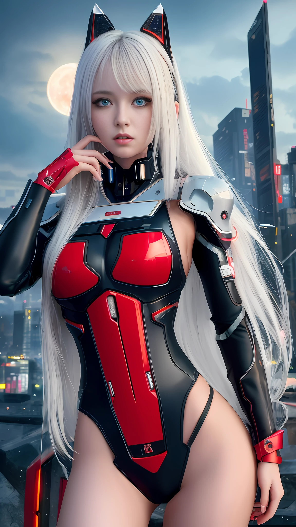 (8k, masterpiece, best quality), ultra-detailed, high quality, high resolution, beautifully detailed face, perfect face, cyberpunk girl, mecha, ruins of city, white long hair, nighttime, red moon background, red neon, busty, perfect anatomy, rain, blue eyes