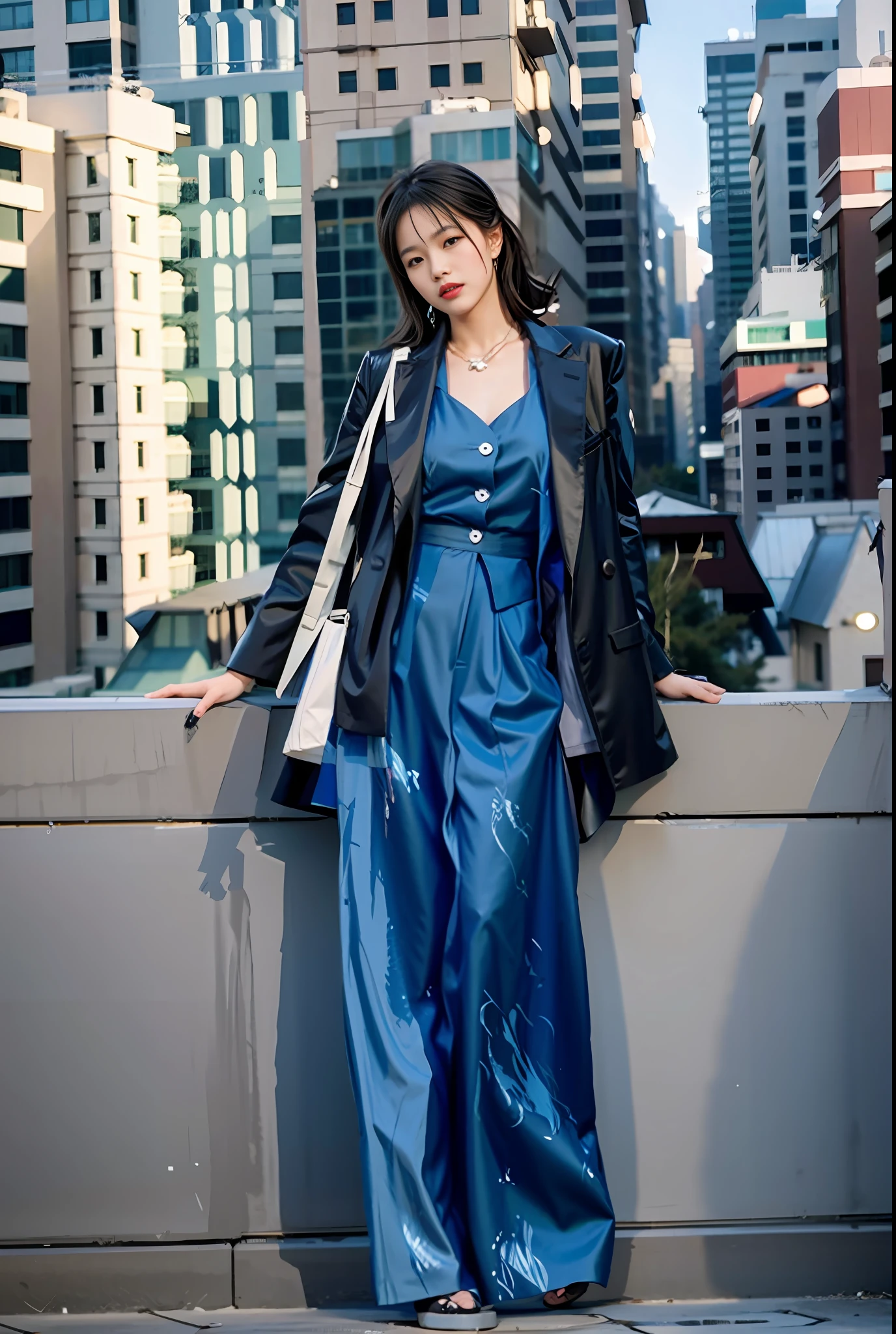 Face details, refinement, Arad woman leaning against the wall in front of the city skyline, Jackie Tsai style, Lulu Chen, official editorial of Vuitton, set on the roof of Tokyo, Valentino official editorial, Gemma Chen, inspired by Yuko Tatoshima, style of Tsubasa Nakai, Chie Yoshii's style, fashion editorial, wearing a fashion suit, putting on and taking off - white style