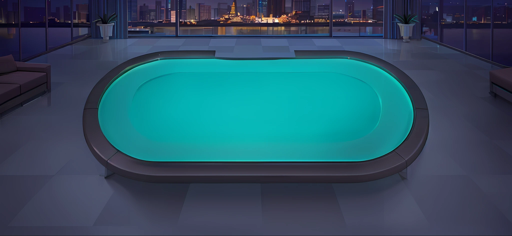 there is a pool in the middle of a room with a city view, gaming table, poker, game background, 3840 x 2160, 3840x2160, teal lights, skyline, portrait shot, 🔥 😎 🕹️ 👀, ambient teal light, bangkok, illuminated pool, close portrait, playing poker