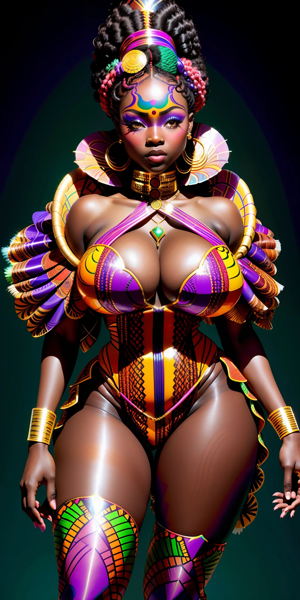 ((african goddess woman)), dark skin, ((realy luxuriant afro-textured hair rainbowned)), gorgeous, sexy, curvy, busty, (geisha eyes), ((heterochromia eyes)), ((playboy, baby costume)), fishnets, arms crossed behind back, ((hourglass figure, huge breasts, thick thighs)), photorealistic, photo, masterpiece, realistic, realism, photorealism, high contrast