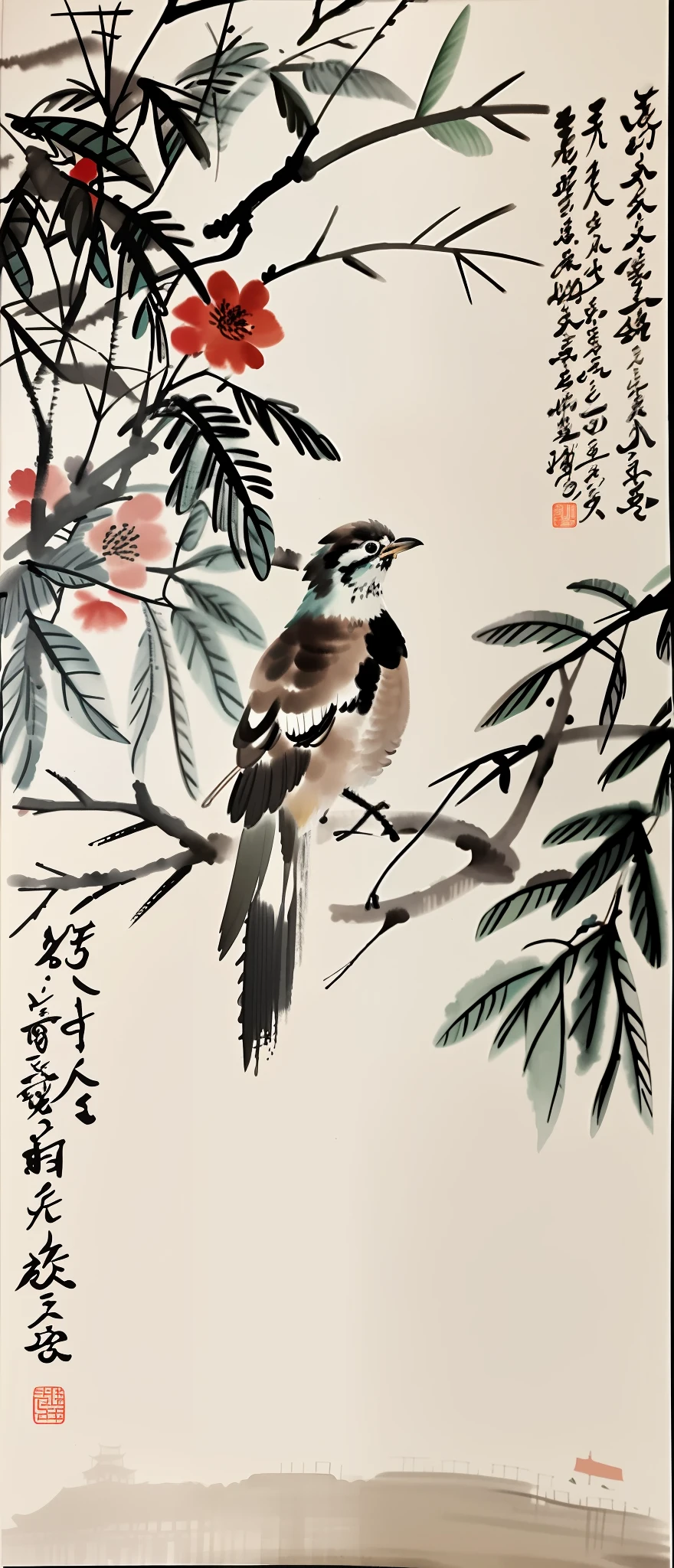 there is a painting of a bird sitting on a branch, traditional chinese painting, traditional chinese ink painting, chinese painting style, chinese ink and wash painting, chinese style painting, chinese ink painting, chinese painting, chinese watercolor style, traditional chinese art, traditional chinese watercolor, inspired by Xie Huan, by Luo Mu, inspired by Hu Jieqing, qi baishi style