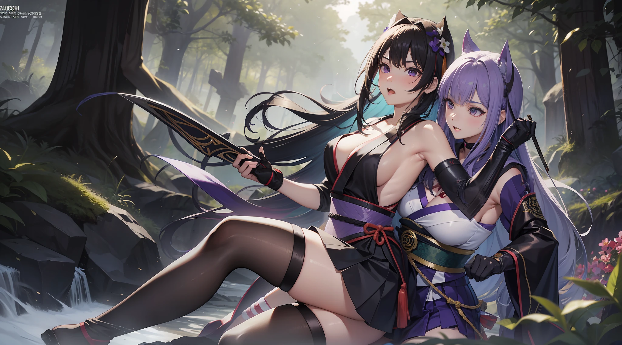 Full body shot from head to feet, two adult female character from Dead or Alive. A thrilling and intense masterpiece depicting a deadly duel between Kasumi and Ayane, both expert swordswomen, with the fight reaching a climactic moment of truth. The dynamic action capture the moment as Ayane takes a lethal blow and succumbs to her injuries, leaving Kasumi as the sole victor in this high-stakes battle. Kasumi have loose brown long hair. Ayane have loose deep purple long hair. Kasumi wear sleeveless kimono, obi tied on the back hip, black long gloves, short skirt, and black thigh highs. Ayane wear sleeveless kimono, obi tied on the back hip, black long gloves, short skirt, and black thigh highs. Backgroud set on lush forest, with no effect.