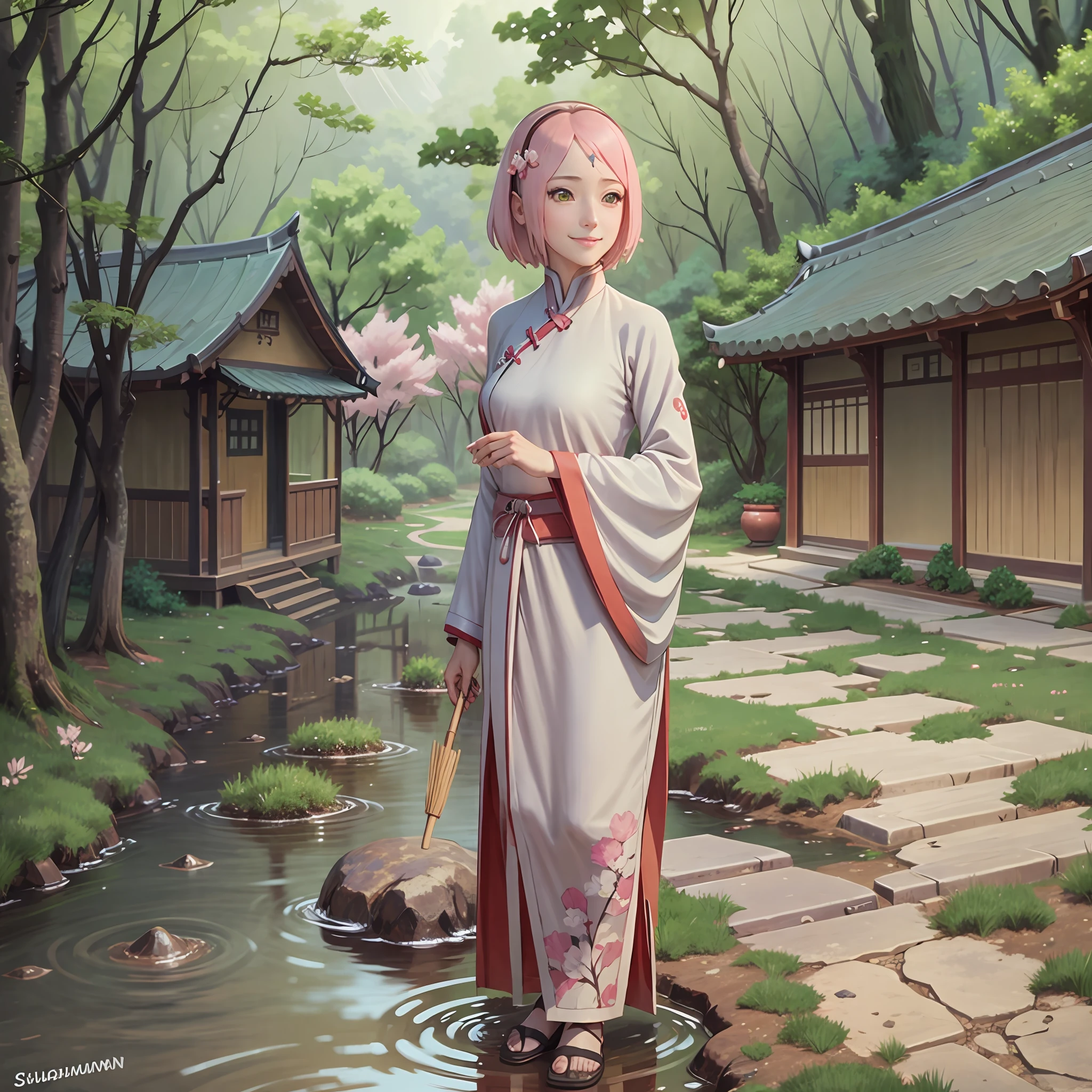 (masterpiece),best quality,good anatomy, shuimobysim,(1 girl:1), (upper body),(smile),short hair,(hanfu),(ecchi0.5), (trees:0.5), (flowers:0.6) ,(wooden house:0.2),(bamboo forest:0.2),(creek:0.2),(river:0.2), sakura