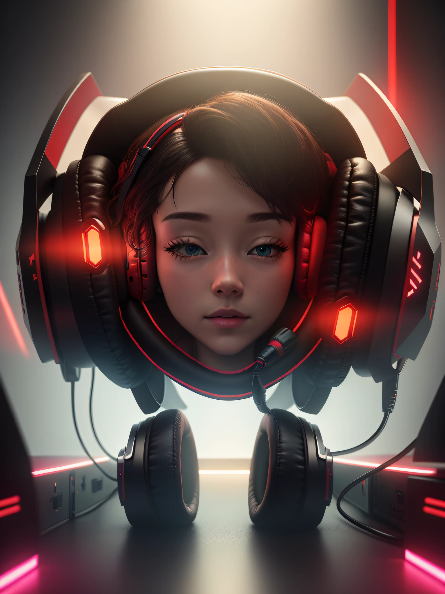 (red:1),best quality, masterpiece, highres, tyndall effect,photorealistic,atmospheric perspective, dark studio, rim lighting, a close up of a pair of headphones with a glowing glow, gaming headset, headphones, rgb ethereal lighting, headphones dj rave, with head phones, headphones on, headset, cyberpunk headset, led gaming, rgb lighting, bronze headset, floating headsets, with headphones, 3 d product render, product render, colored lighting
