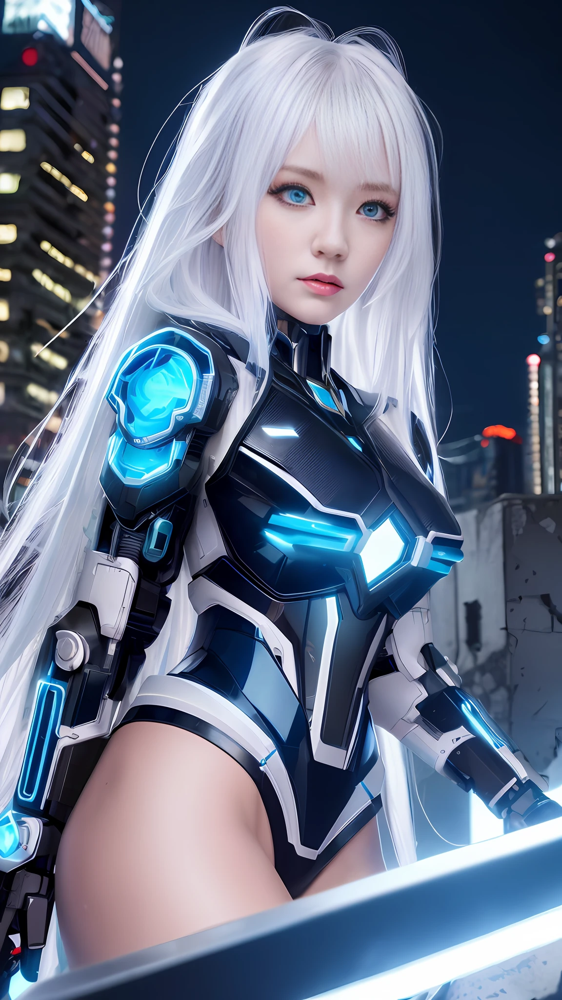 (8k, masterpiece, best quality), ultra-detailed, high quality, high resolution, beautifully detailed face, perfect face, cyberpunk girl, mecha, ruins of city, white long hair, nighttime, blue moon background, white neon, busty, perfect ???????, rain, blue eyes