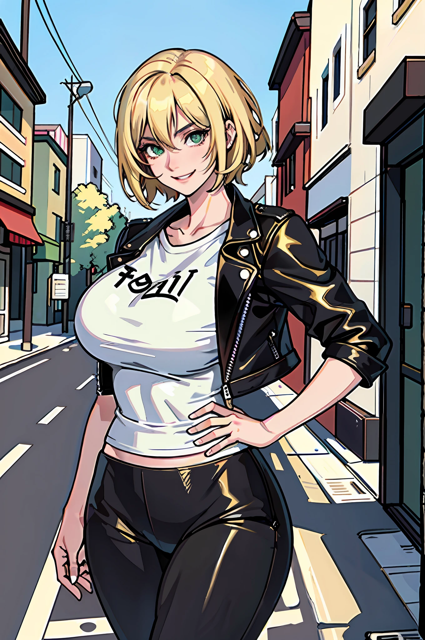 (best quality: 0.8), (best quality: 0.8), perfect anime illustration, 1woman, solo, walking around town, tall, blonde, short hair, green eyes, leather jacket, white t-shirt, black pants, strong body, big boobs, wide hips, cocky smile, chubby
