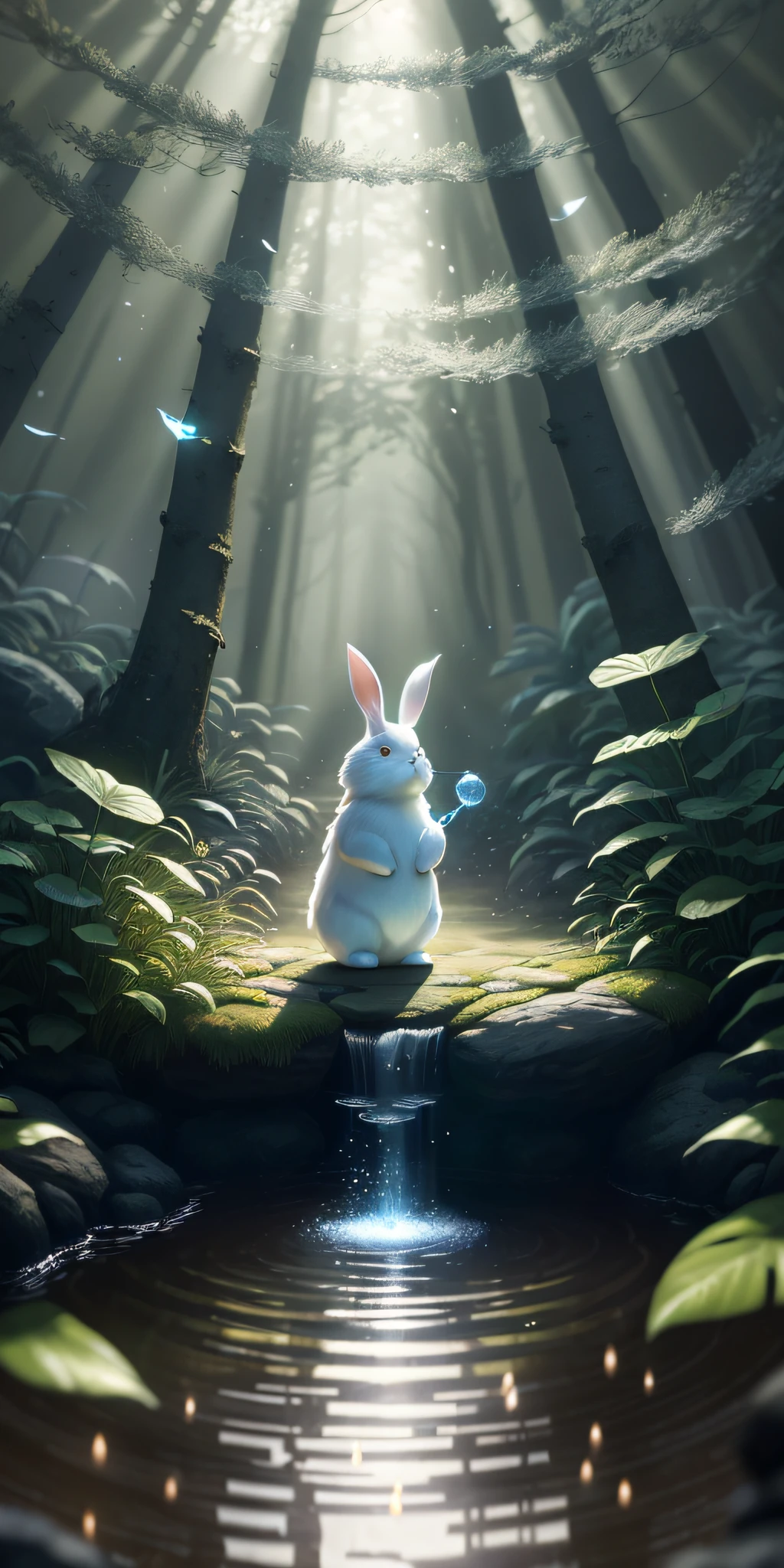 Masterpiece, best quality, (very detailed CG unified 8k wallpaper), (best quality), (best illustration), (best shadow), glowing elf, with a rabbit, drinking water in the pool, natural elements in forest theme. Mysterious forest, beautiful forest, nature, surrounded by flowers, delicate leaves and branches surrounded by fireflies (natural elements), (jungle theme), (leaves), (branches), (fireflies), (particle effects) and other 3D, Octane rendering, ray tracing, super detailed --v6