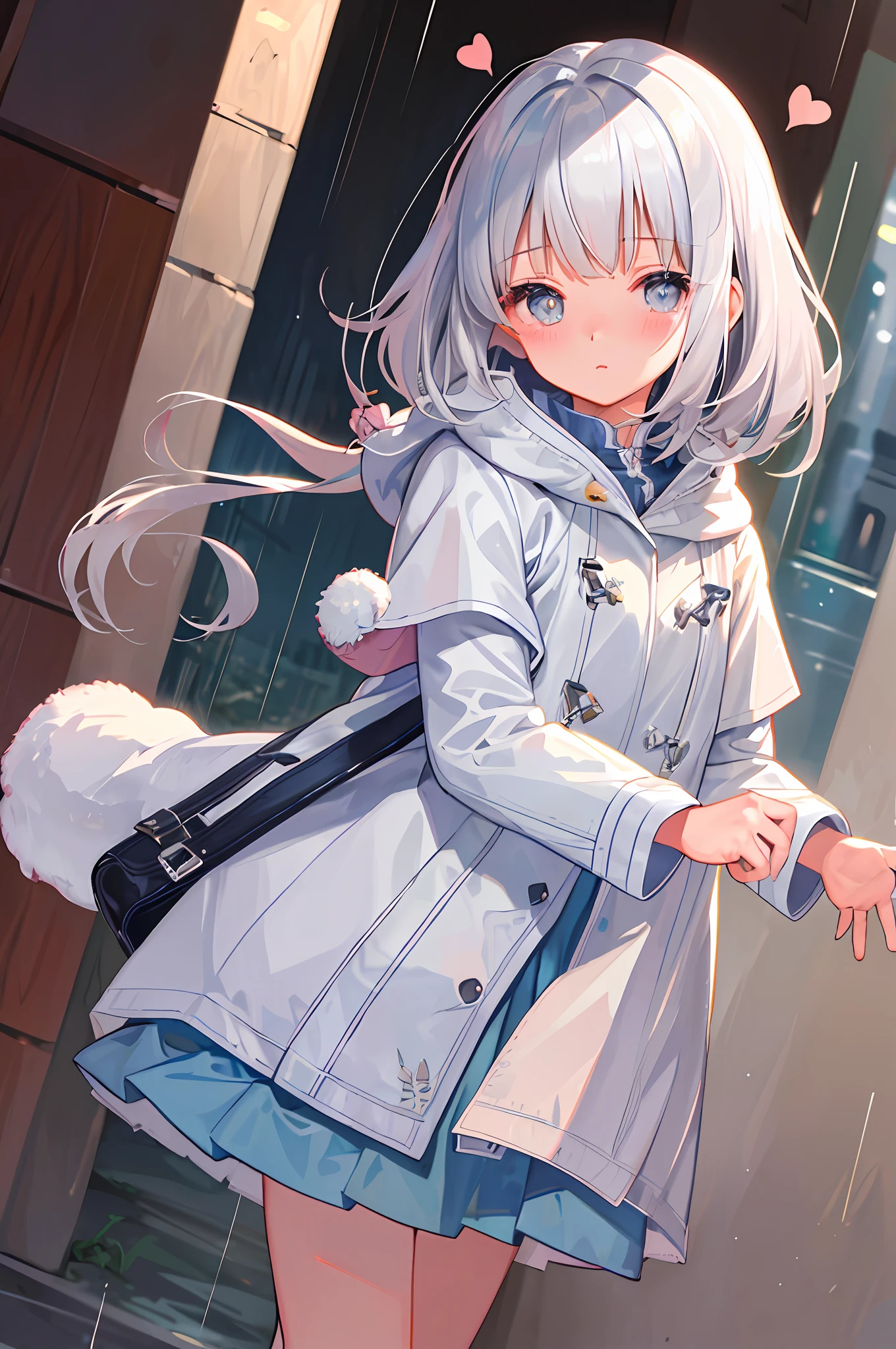 (((Masterpiece))), top quality, super detailed, blush, cute and playful, raincoat, cheerful, silver hair, fluffy hairstyle, huge, heart-blowing eyes, sweet look.