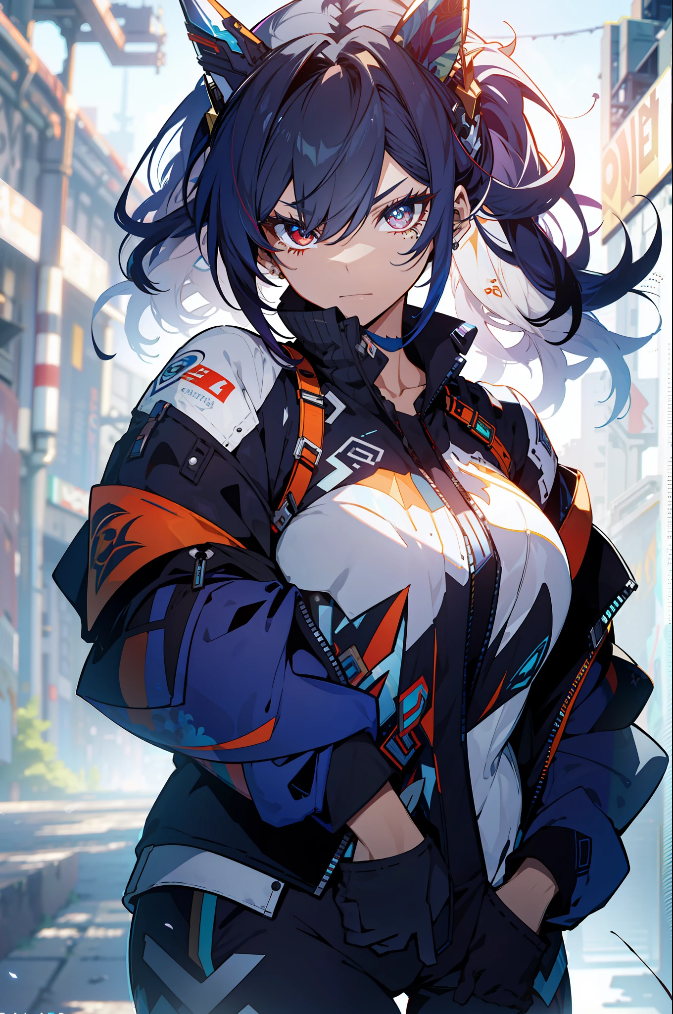 background, language_text, Japanese letters in graffit, girls, long black hair, excellent lighting, sidelighting, (), vhsKeeper,, style GUILTY GEAR -STRIVE perfect ultimate (flat color: 1.3), (magazine_cover: 1.4), (multicolored_background: 1.3), striped_background, card_background, :: comix style by joe madureira :: circular pieces of white metals glued to the ultra detailed arms coming out sparkling shine, , perfect and detailed, ultra detailed shirt with abstract design and  with print of Japanese letters in graffit of the sides of the clothes, image of girls with big breast, on top of a futuristic motorcycle, with immersive effects, hover effect, background graffiti style tribal tattoo with vibrant colors "HDR ultra" detailed and with focus effect, (masterpiece: 1.2, best quality), (beautiful eyes with huge eyelashes finely detailed: 1.2),  , ((Solo)), (Finely detailed eyes and detailed face :1.3), in various full-body attack poses, (cute background: 1.2),futuristic costume, super detailed circular metals Clinging to arms and pants, fantastic paintings