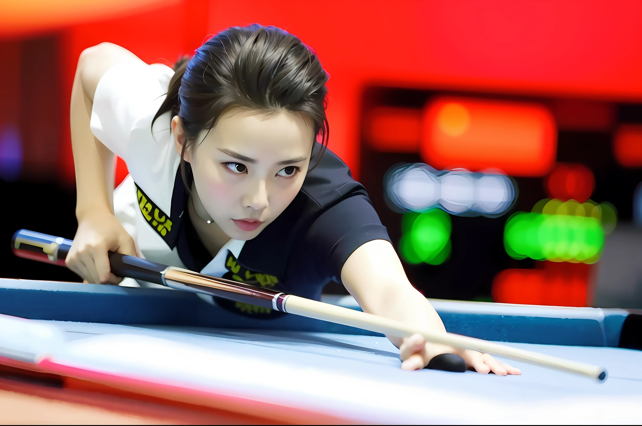 woman playing pool with a cue in her hand, wenjun lin, inspired by Zhang Shuqi, jinyiwei, wenfei ye, shin min jeong, cover shot, li zixin, mei-ling zhou, inspired by Zhou Wenjing, wei wang, qifeng lin, yang qi, qiu fang, wu liu, yun ling, xintong chen