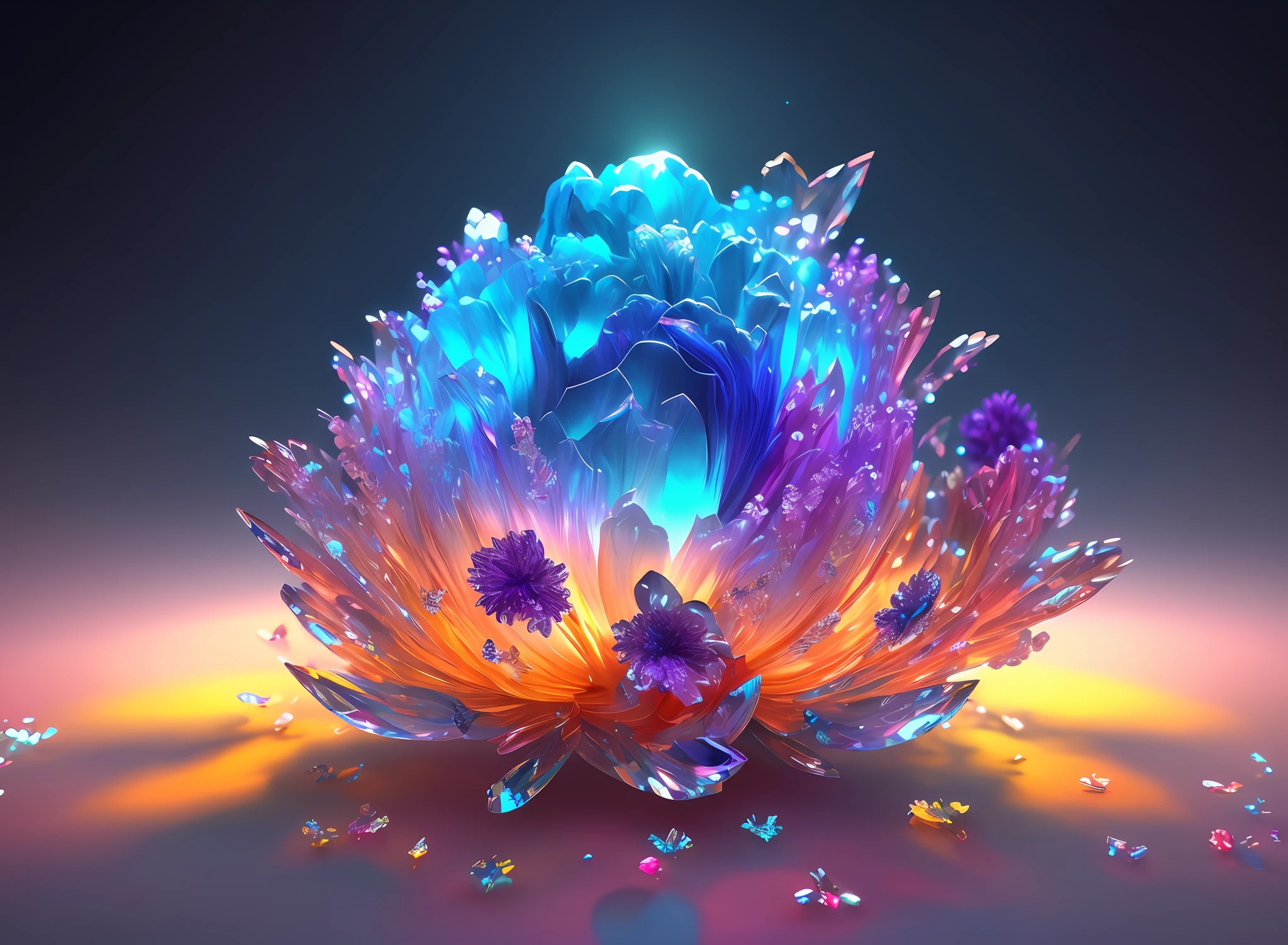 peony closeup, colorful flowers, blue center and yellow center, detail and vivid colors, explosion of colors, vivid and colorful, vivid and vivid colors, colorful HD pictures, color burst, bright colors, bright colors, super detailed complex gothic art trends on Artstation ternary color Unreal Engine 5 Unreal Engine 5 detailed matte painting, dark color, dreamy, complex detail, splash screen, complementary colors, fantasy concept art, 8k resolution, Gothic deviation art masterpiece, (dark lens: 0.9), art by Greg Rutkowski and Artgerm, soft cinematic light, Adobe Lightroom, Light Lab, HDR, complex, highly detailed, intricate crystal jelly gorgeous, beautiful flowers and crystals, opal petals, rendered in Houdini, satisfying rendering, ray tracing. Fractal crystals, made of crystals, refracted crystal jewelry, shimmering petals, made of crystal, red-shifted Houdini, milky white, made of luminescent wax and ceramics