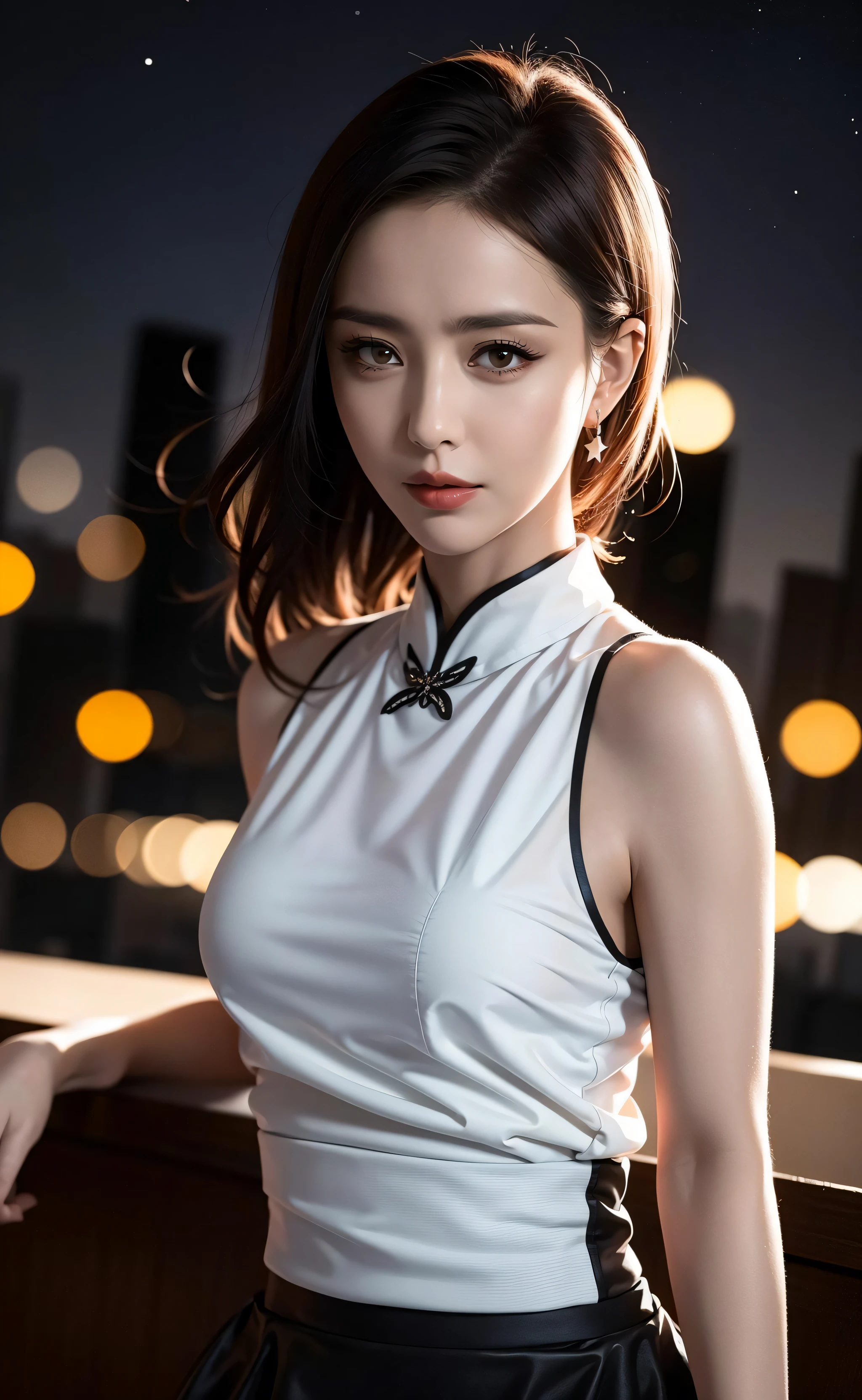 1girl, (looking at viewer),  (bokeh:1.1), parted lips,expressionless, realistic, meditation,starry sky,night, qipao,
skirt, skyline,
best quality, (photorealistic:1.4), ultra highres, llftongliya