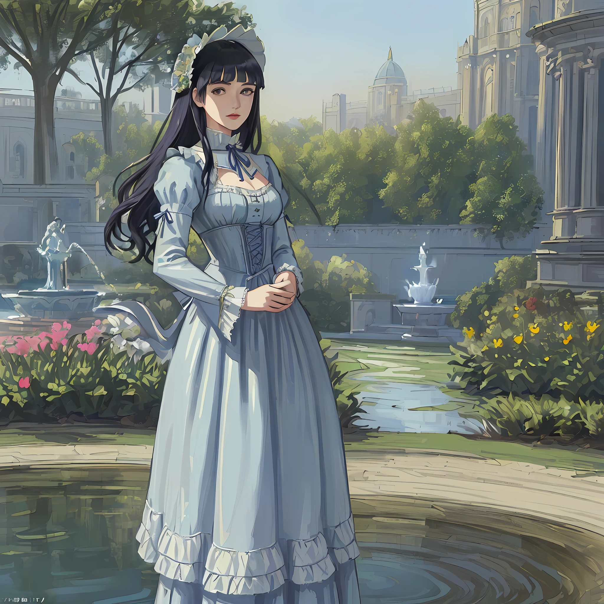 ((((masterpiece)))), (best quality), ((Hyper detailed)), ((High
detail)), ((Exquisite detail)), (1 girl), (solo), (cowboy shot), (looking
at viewer),((outside)), (((antique))), ((palace)), ((garden)), ((fountain)),
(flower), ((mature female)),((victorian dress)), ((medium breasts)),
((bonnet)), (long hair), hinata/(boruto/), dark blue hair, detailed lips, wavy hair
