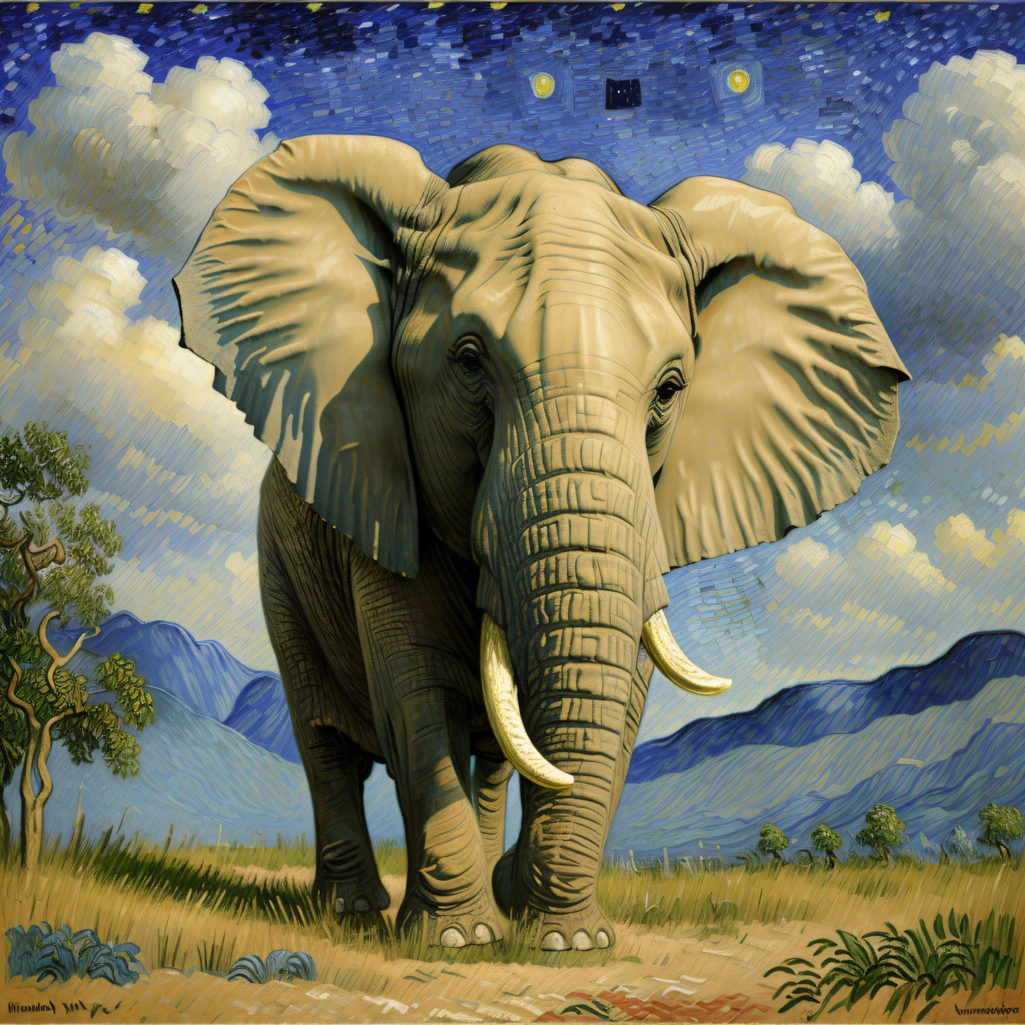 (masterpiece, high-quality), Elephant, Vincent van Gogh, oil painting, remastered --auto --s2