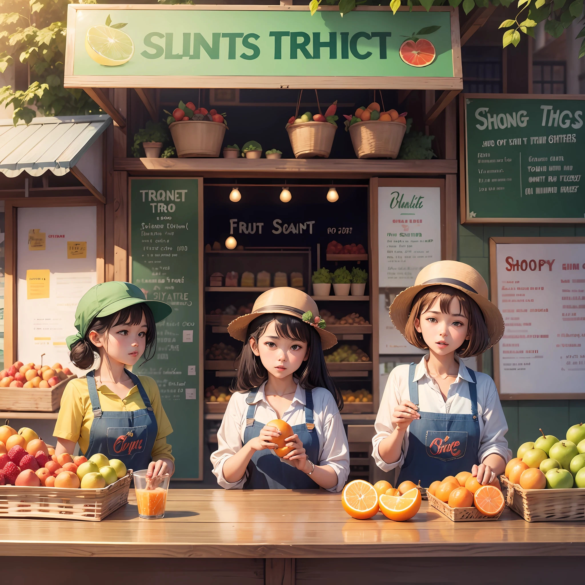 Three girls open a fruit shop together, the name of the fruit shop is "Pouring Fruit Pouring Orange", a green billboard --auto --s2