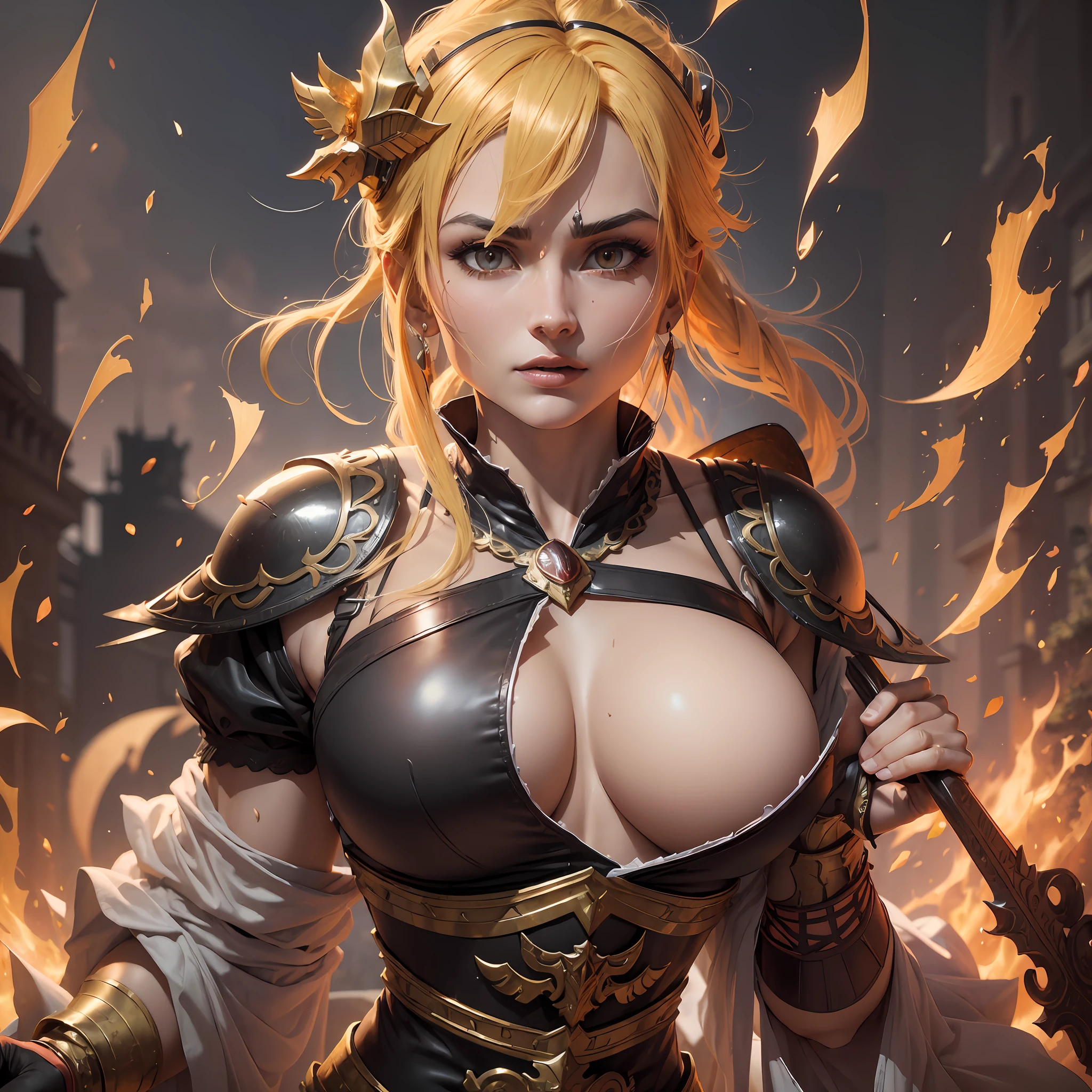 ((Guerreira 3D)) spicy, graceful-looking, strong, shiny, ruby red, warrior armor, helmet in the shape of a reptile head,(1 warrior), passionate embrace, floating in the air with majestic wings, fiery flames, large teeth, piercing gaze, night view.