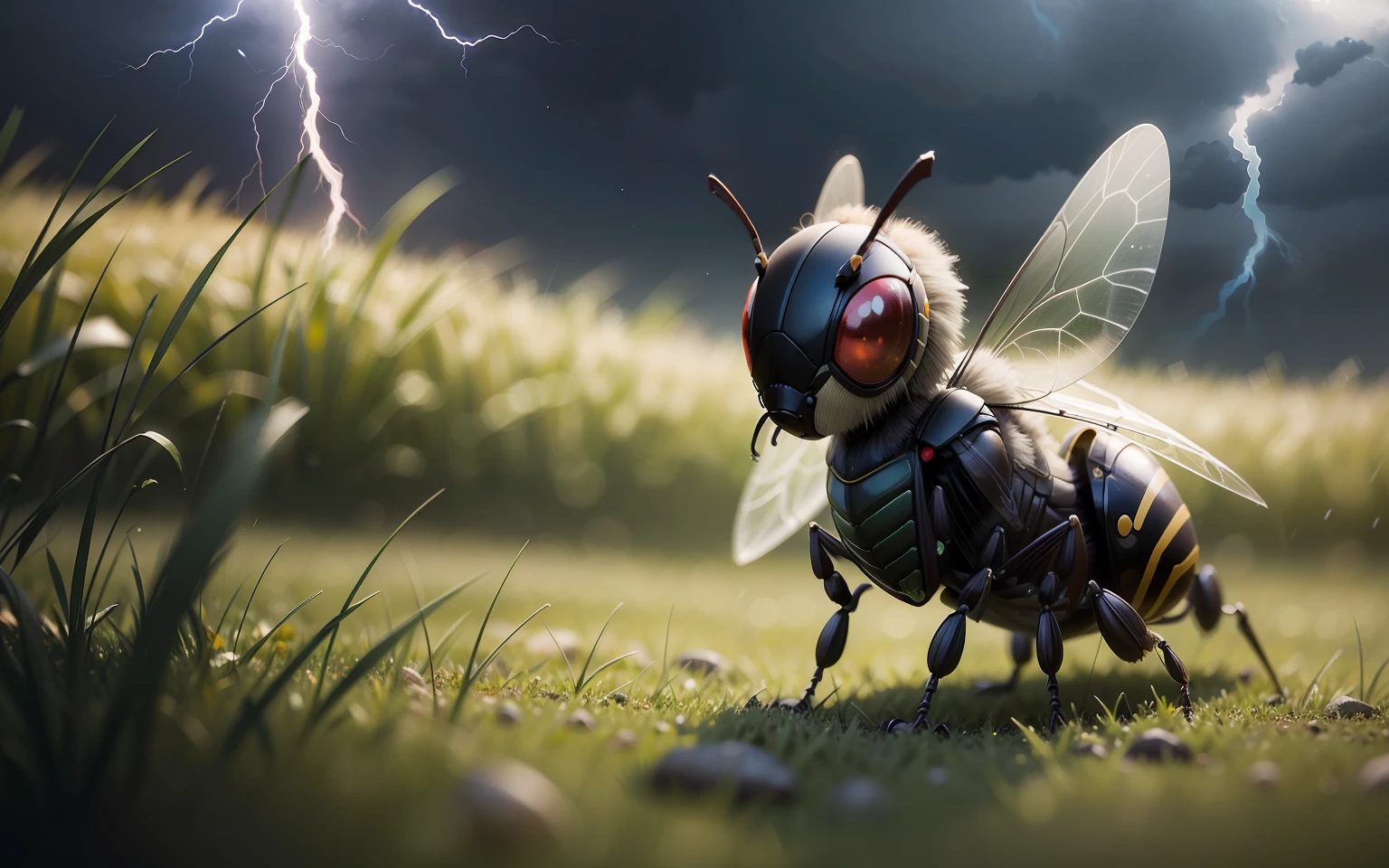 natural realistic wasp on grass under a dark sky with lightning in the background --auto --s2