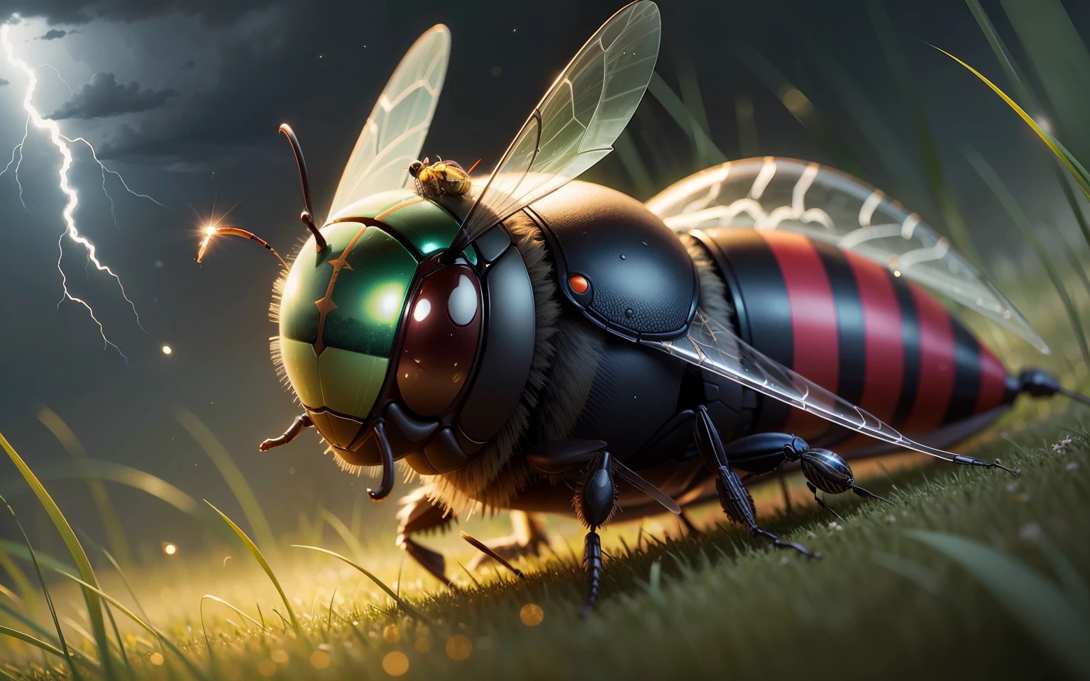 natural realistic wasp on grass under a dark sky with lightning in the background --auto --s2