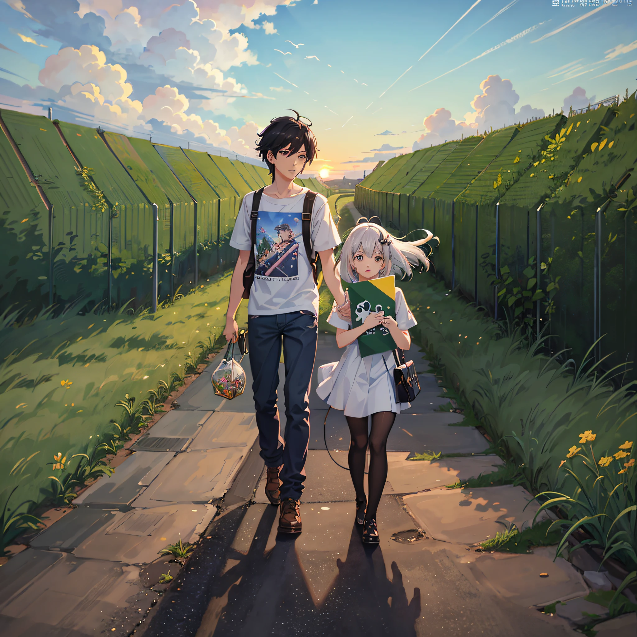 Anime boy leading girl child in the grass, carrying bag, puppy following, sunset in the distance, Gouvez style artwork, anime style, Gouvitz on pixiv art station, Guwiz and Makoto Shinkai, anime style, Guwiz, Guwiz on ArtStation Pixiv, made with anime artist studio, high quality fan art, kawaii realistic portraits --auto --s2