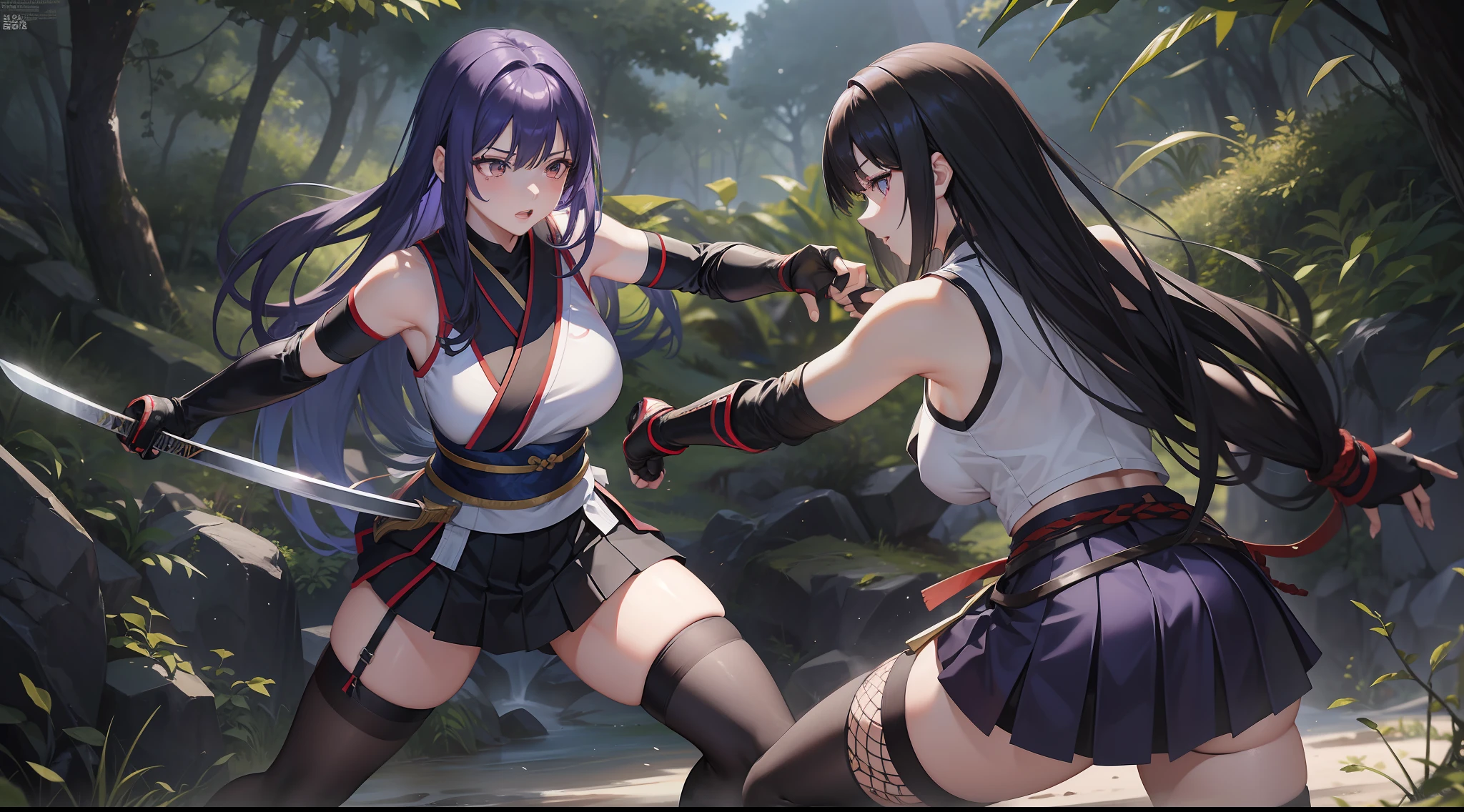 Full body shot from head to feet, two adult female character from Dead or Alive. A thrilling and intense masterpiece depicting a deadly duel between Kasumi and Ayane, both expert swordswomen, with the fight reaching a climactic moment of truth. The dynamic action capture the moment as Ayane takes a lethal blow and succumbs to her injuries, leaving Kasumi as the sole victor in this high-stakes battle. Kasumi have loose brown long hair. Ayane have loose deep purple long hair. Kasumi wear sleeveless kimono, obi tied on the back hip, black long gloves, short skirt, and black thigh highs. Ayane wear sleeveless kimono, obi tied on the back hip, black long gloves, short skirt, and black thigh highs. Backgroud set on lush forest, with no effect.