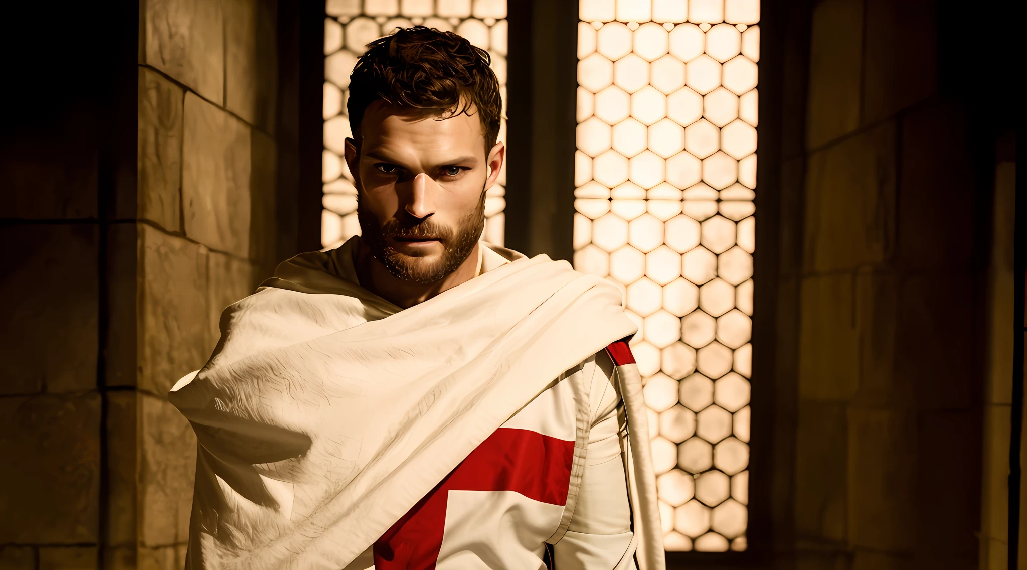 Create a Templar, Knightfall series, wearing white tunic with red cross, dark beard, similar to actor Jamie Dornan, super detail-oriented, realistic, Jamie Dornan, Templar, blue eyes, cinematic style, Knightfall, 8k resolution, best quality, close up.