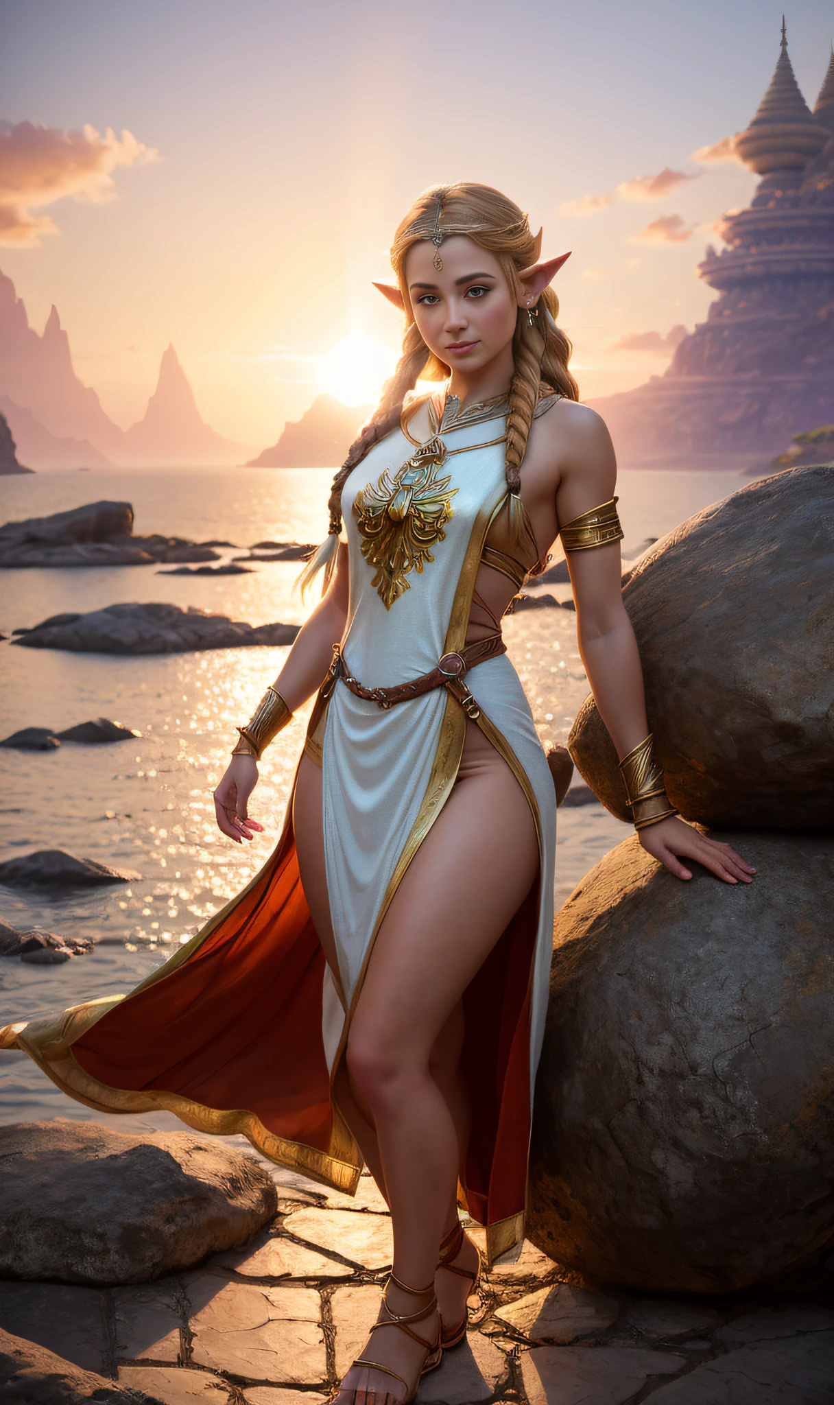 Masterpiece, (((full figure))) entire body in frame, (((magical lighting))) (((beautiful seductive smile sexy anorexic white goddess woman standing on stone floor in kingdom of hyrule sun rays))), ((( intricate midevilhyrule dress))) , (((long braided hair))) sunset lighting, golden hour, golden colors, very detailed, dramatic lighting, digital art trending on Artstation 8k HD high definition detailed realistic, detailed, skin texture, hyper detailed, realistic skin texture, armature, best quality, ultra high res, (photorealistic:1.4), high resolution, detailed, raw photo, sharp re, by lee jeffries nikon d850 film stock photograph 4 kodak portra 400 camera f1.6 lens rich colors hyper realistic lifelike texture dramatic lighting unrealengine trending on artstation cinestill 800, (((accurate female anatomy)))