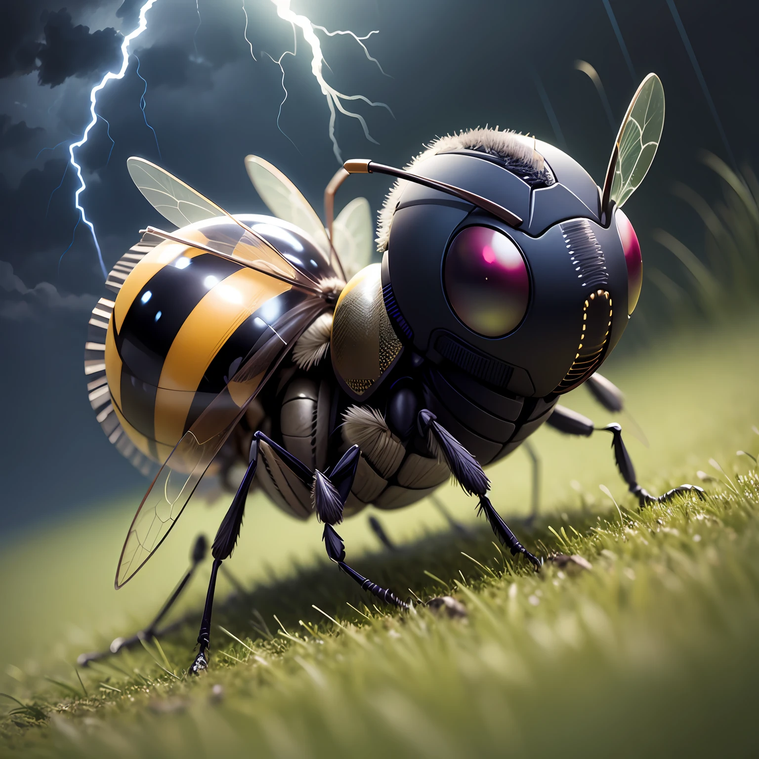 natural realistic wasp on grass under a dark sky with lightning in the background --auto --s2