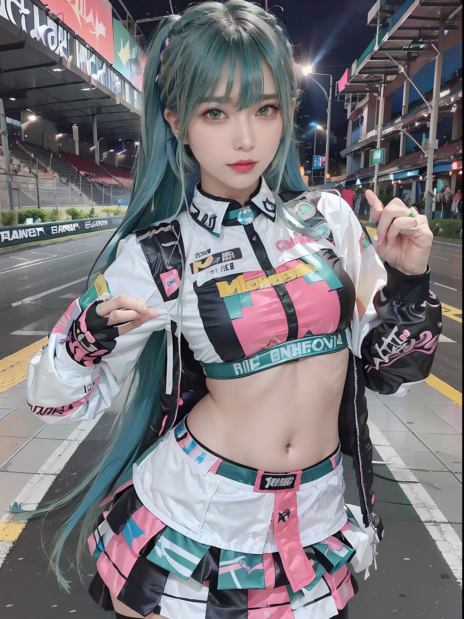 Top Quality, Ultra High Resolution, (Photorealistic: 1.4), (Pink Long Hair: 1.3), (Azure Lane\), One Girl, (Kpop Idol), Watch Audience, Detailed Face, Contrappost, Smooth Skin, Perfect Anatomy Professional Lighting, Futuristic Fashion, Streetwear, High-Tech Fabric, Racing Suit, Fireproof Material, Elbow and knee pads, racing gloves, personalized embroidery, mini skirt, belly button, long hair, emerald green hair, light blue hair, blue-green hair, Suzuka circuit, circuit home straight, race track, international circuit, supergt, big breasts, big, race queen