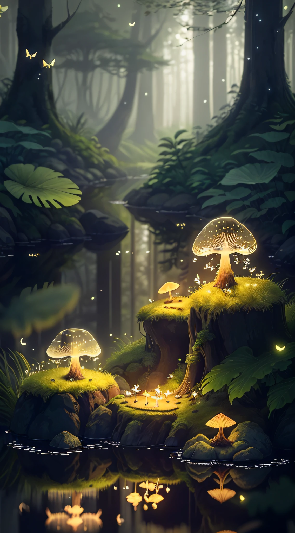 A masterpiece, the best quality, stunning reflections, the best reflections ever. (very detailed CG unity 8k wallpapers), (best quality), (best illustrations), forest theme with natural elements. Tall trees, quiet streams, glowing little mushrooms surrounded by delicate leaves and branches, as well as fireflies and glowing particle effects fawns, colorful flowers,, (natural elements), (jungle theme), (leaves), (twigs), (fireflies), butterflies, (delicate leaves), (glow), (particle effects). , Isometric 3D, Octane Rendering, Ray Traced, Super Detailed