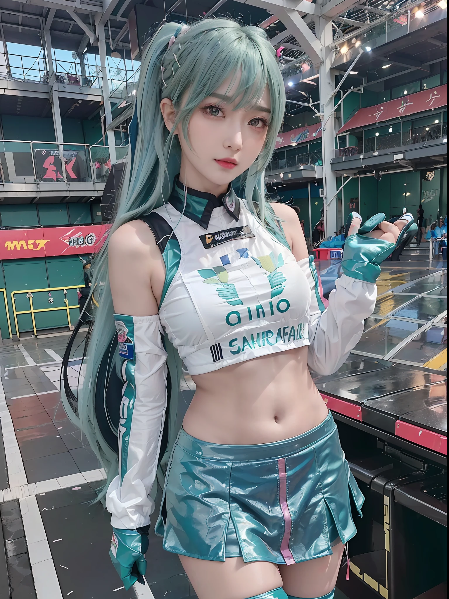 Top Quality, Ultra High Resolution, (Photorealistic: 1.4), (Pink Long Hair: 1.3), (Azure Lane\), One Girl, (Kpop Idol), Watch Audience, Detailed Face, Contrappost, Smooth Skin, Perfect Anatomy Professional Lighting, Futuristic Fashion, Streetwear, High-Tech Fabric, Racing Suit, Fireproof Material, Elbow and knee pads, racing gloves, personalized embroidery, mini skirt, belly button, long hair, emerald green hair, light blue hair, blue-green hair, Suzuka circuit, circuit home straight, race track, international circuit, supergt, big breasts, big, race queen