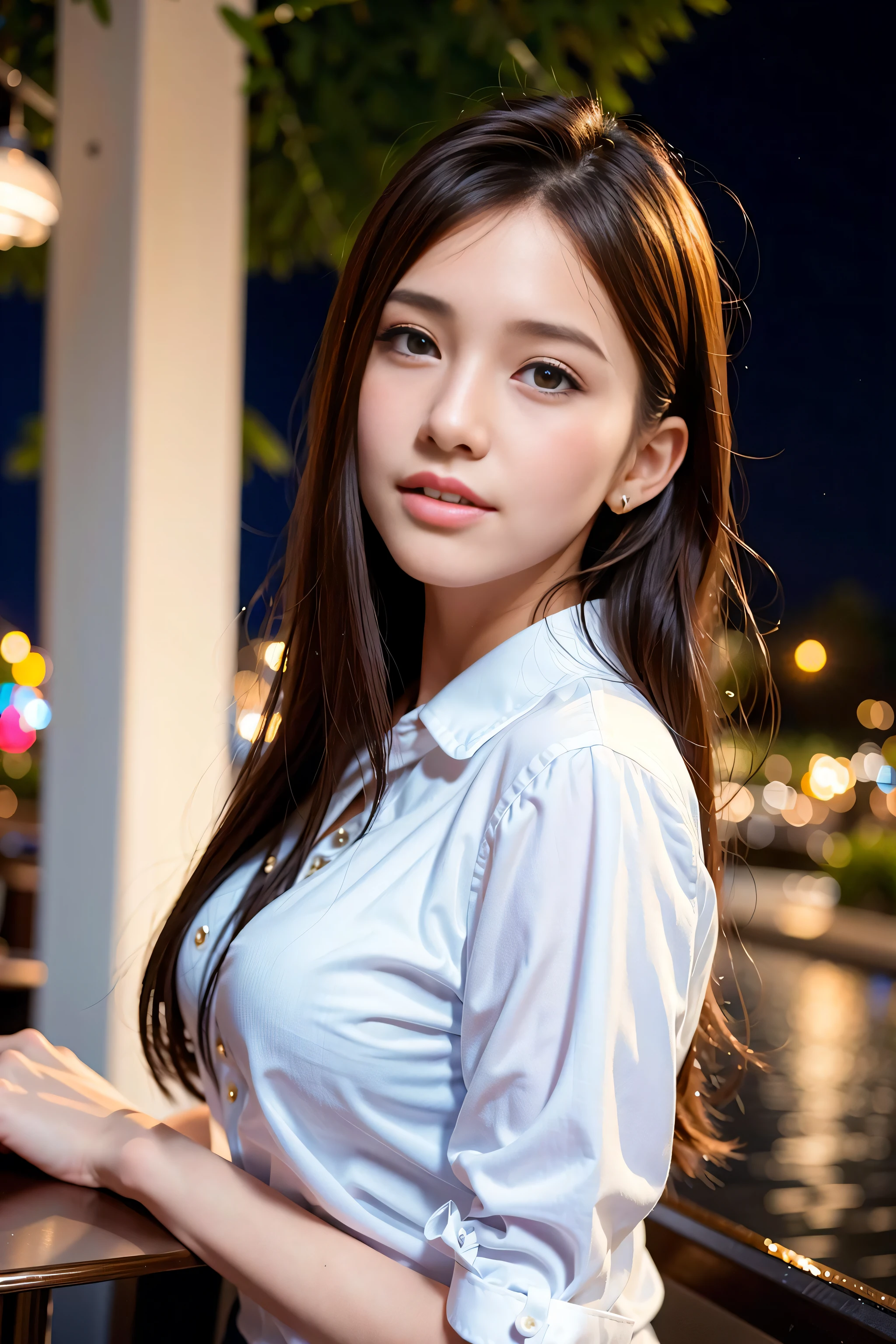 (8k, best quality, masterpiece:1.2), (realistic, photo-realistic:1.37), ultra-detailed, 1 girl,cute, solo,beautiful detailed sky,detailed cafe,night,sitting,dating,(nose blush),(smile:1.15),(closed mouth) small breasts,beautiful detailed eyes,(collared shirt:1.1), night, wet,business attire, rain,white lace, (short hair:1.2),floating hair NovaFrogStyle,