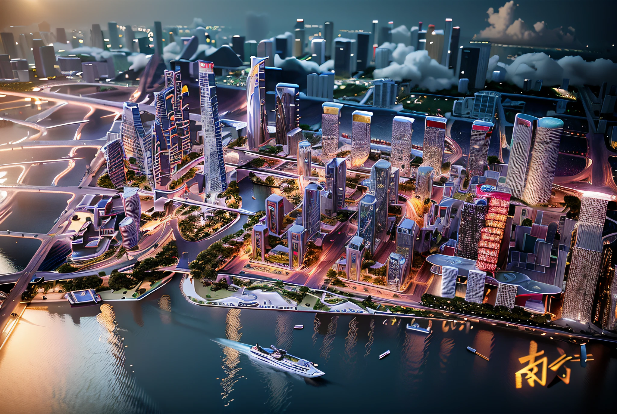 arafly city skyline view, foreground is a river, Guangzhou city, guangzhou, china, skyline display, skyline, from China, trend, 3d model hd rendering, architectural rendering, Unreal Engine rendering, chinese dreamland, spectacular clouds, fantasy clouds. Part looking to the left, Huancheng, Guangzhou Financial City. Chinese architecture,. The bustling tech building is beyond imagination. Inspired by Shinkai's sought-after concept art and masterpieces on PixiV, vision (wide-angle lens), ultra-high resolution (authenticity: 1.4), ultra-high quality, enhanced detail. Extremely detailed CG Unity 8k wallpapers, aesthetics, award-winning photography, realism, high detail, intricacies, art of travel, realistic 3D animation style, landscape concept art, ultra-high resolution (realism: 1.4), aesthetics, focus, high quality, vivid colors, beautiful reflections, crystal clear water, award-winning photography, 3D lighting and beautiful cinematic lighting. Rich in detail.