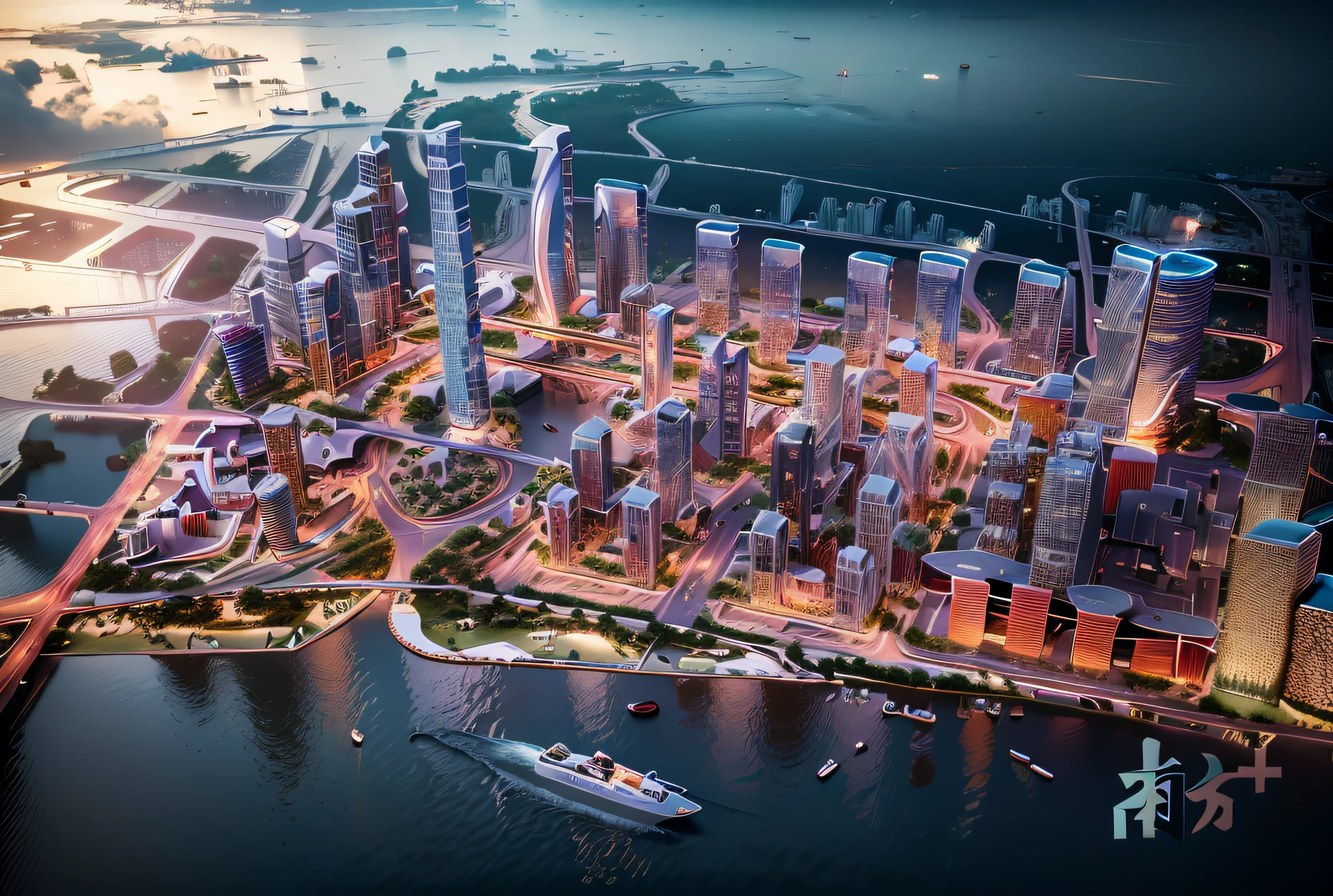 arafly city skyline view, foreground is a river, Guangzhou city, guangzhou, china, skyline display, skyline, from China, trend, 3d model hd rendering, architectural rendering, Unreal Engine rendering, chinese dreamland, spectacular clouds, fantasy clouds. Part looking to the left, Huancheng, Guangzhou Financial City. Chinese architecture,. The bustling tech building is beyond imagination. Inspired by Shinkai's sought-after concept art and masterpieces on PixiV, vision (wide-angle lens), ultra-high resolution (authenticity: 1.4), ultra-high quality, enhanced detail. Extremely detailed CG Unity 8k wallpapers, aesthetics, award-winning photography, realism, high detail, intricacies, art of travel, realistic 3D animation style, landscape concept art, ultra-high resolution (realism: 1.4), aesthetics, focus, high quality, vivid colors, beautiful reflections, crystal clear water, award-winning photography, 3D lighting and beautiful cinematic lighting. Rich in detail.