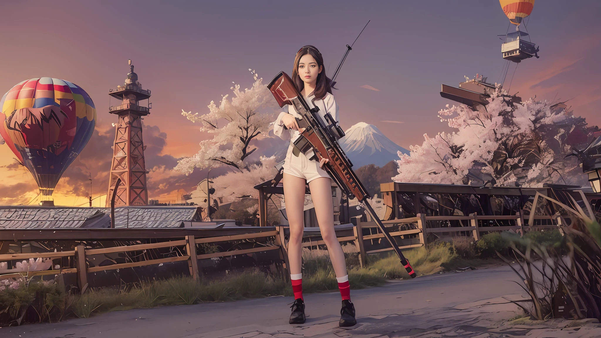 1girl, holding a sniper rifle in hand, Tokyo street, hot air balloon with cherry blossoms and Mount Fuji in background, close-up, 8k, RAW photo, best quality, masterpiece, realism, realism, red rose headdress, split bangs, long hair,