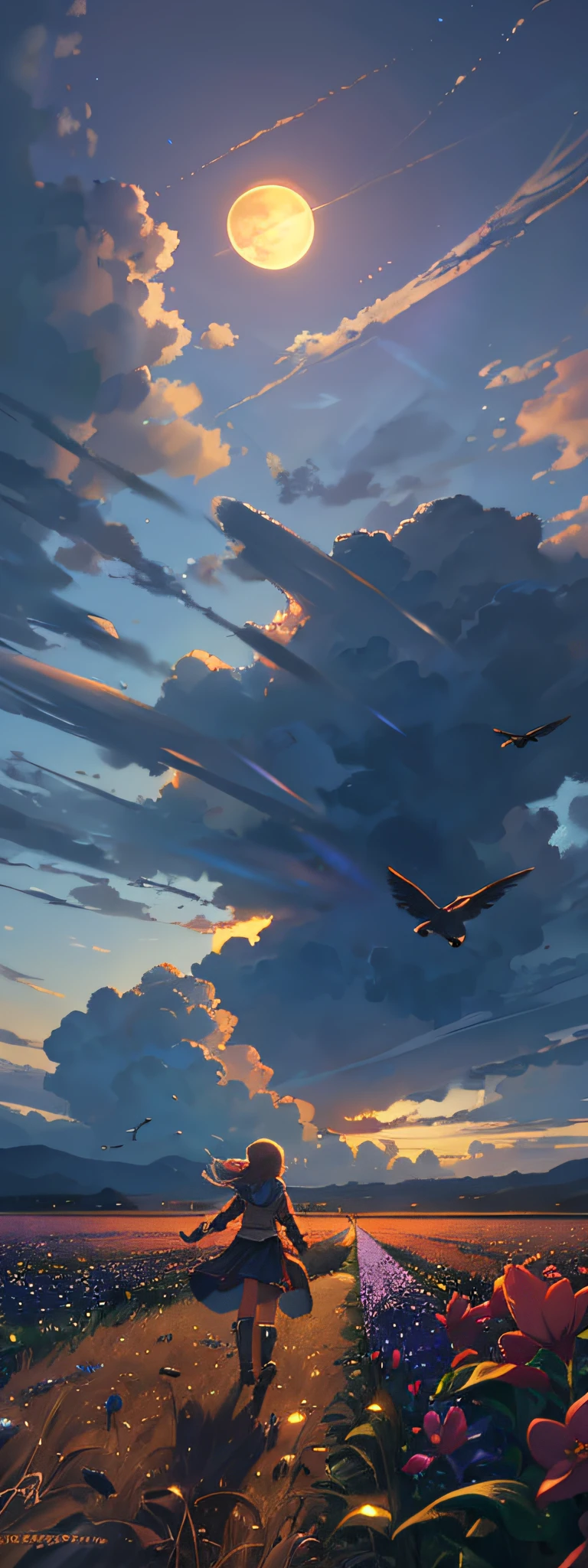 A wide landscape photo, (viewed from below, the sky is above, and the open field is below), a girl standing on a flower field looking up, (full moon: 1.2), (meteor: 0.9), (nebula: 1.3), distant mountains , Trees BREAK Crafting Art, (Warm Light: 1.2), (Firefly: 1.2), Lights, Lots of Purple and Orange, Intricate Details, Volumetric Lighting BREAK (Masterpiece: 1.2), (Best Quality), 4k, Ultra Detailed, (Dynamic Composition: 1.4), Rich in Detail and Color, (Rainbow Color: 1.2), (Glow, Atmospheric Lighting), Dreamy, Magical, (Solo: 1.2)