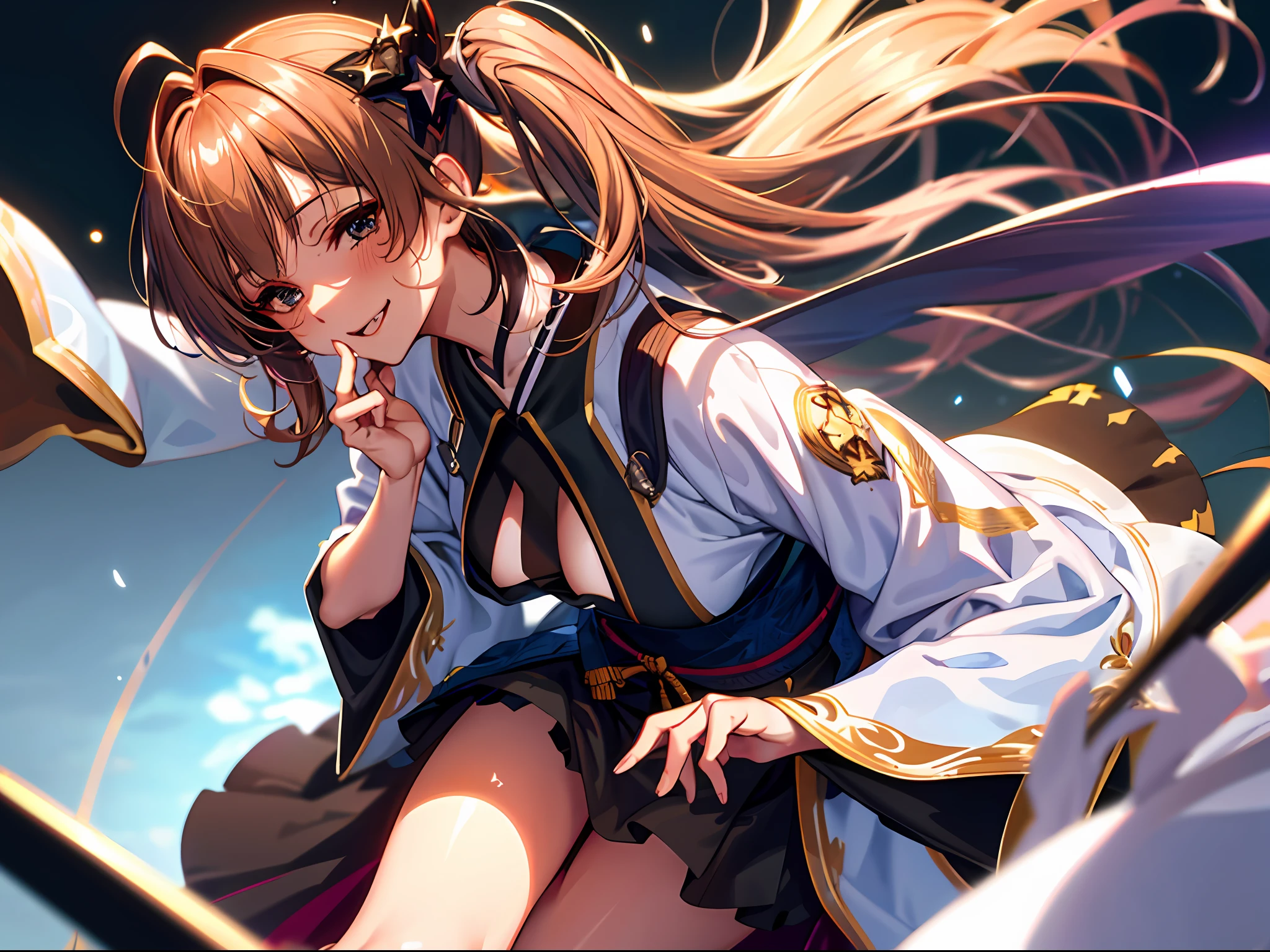 Starry eyes, it looks even more beautiful than immortal, Ahoge, hair, star-shaped pupils, colored contact lenses, blush, high detail, anime, romanticism, modern, gothic art, anime style, film lighting, ray tracing, motion lines, first person perspective, close-up, sony fe gm, uhd, high detail, top quality, 8k, big breasts, light brown hair, Twin tails, beautiful fingers, well-formed fingers, big smile, parfect anatomy, correct anatomy, perfect proportion, perfect face, perfect legs, close-up, sweat, cute, kiss, ripping shirt, hair band, shy, licking, lyung on back, smirking at viewer、messy hair、light brown hair、amber aye、kimono、2 girls