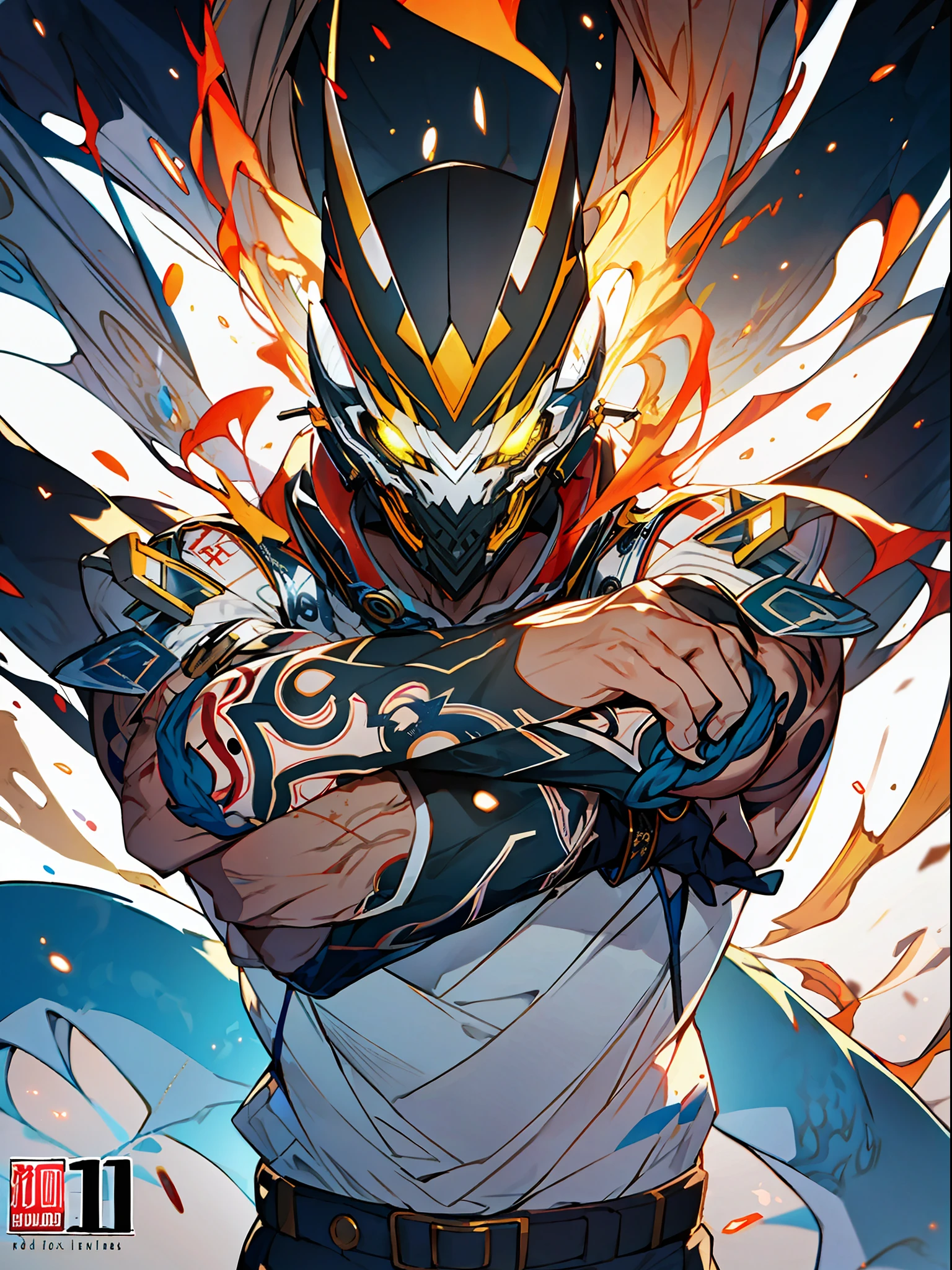 background, mixed-language_text, Japanese letters in graffit ,boys, excellent lighting, sidelighting, (), vhsKeeper,, style GUILTY GEAR -STRIVE perfect ultimate (flat color: 1.3), (magazine_cover: 1.4), (multicolored_background: 1.3), striped_background, card_background, :: comix style by joe madureira :: circular pieces of white metals glued to the arms coming out shimmering yellow glow, , perfect and detailed, ultra detailed shirt with abstract design and with letter print Japanese in graffiti of the sides of clothing, image of full-body boys fighting alongside you with powerful dragons versus alien creature full of tentacles, with immersive effects, hover effect, background graffiti style tribal tattoo with vibrant colors "HDR ultra" detailed and with focus effect, (masterpiece: 1.2, best quality), (beautiful eyes finely detailed: 1.2), , ((Solo)), (Finely detailed eyes and detailed face :1.3), in various full-body attack poses, (cute background: 1.2),futuristic costume, super detailed circular metals Clinging to arms and pants, fantastic paintings