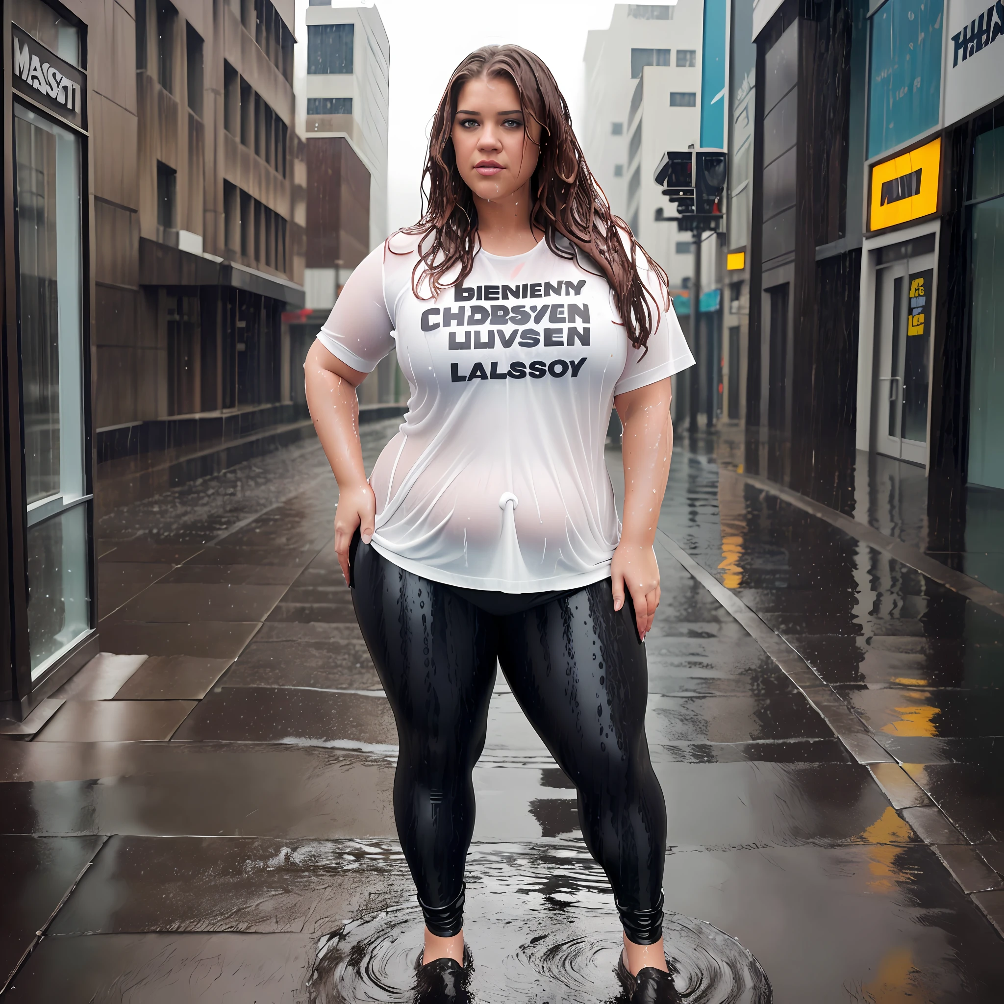 ((Overweight)) ((chubby)) Kelly Clarkson, long brown hair, wearing black leggings, t-shirt and runners, subject is standing outside in the rain, looking seductive, teasing, playful, sexy pose ((wet clothes:1.1)) (((full body shot))) (((full length))) (((view front on))) (masterpiece) ((cinematic look)) —v 4