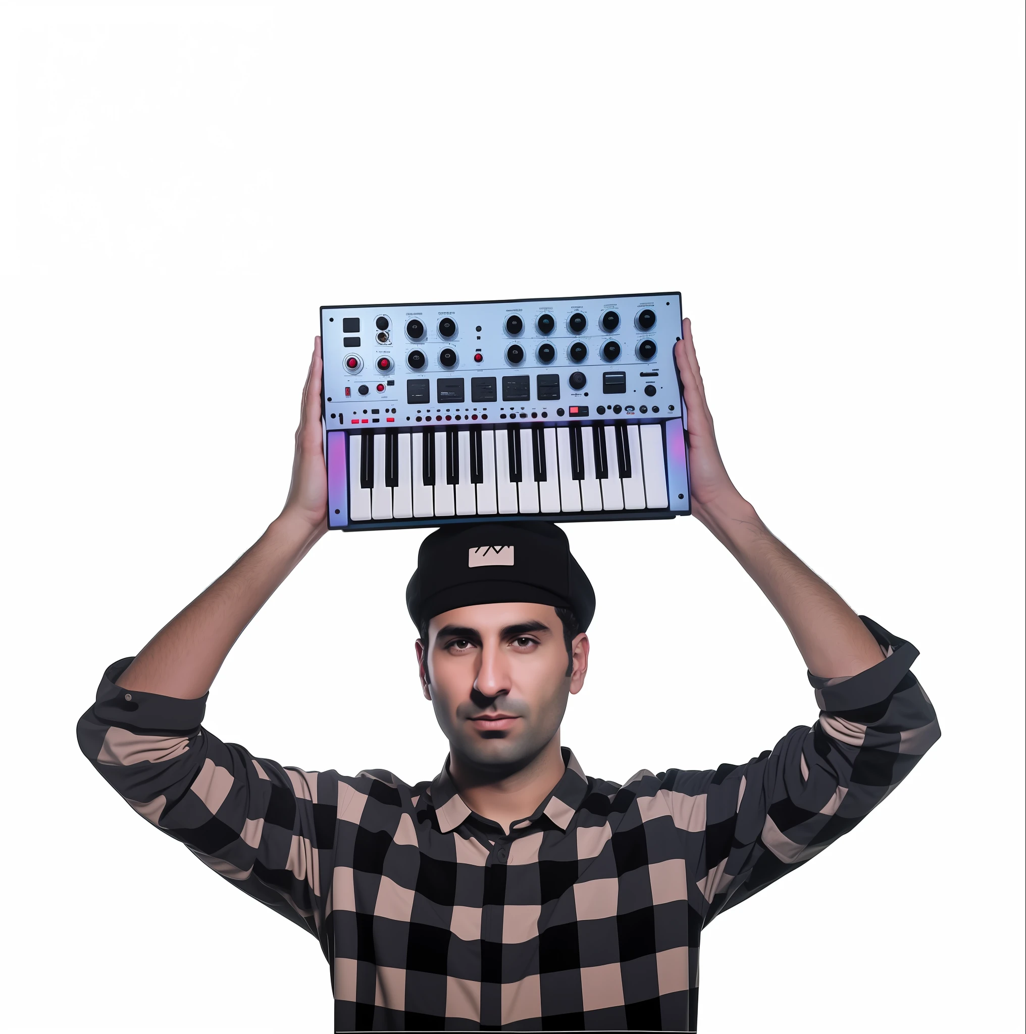 arafed man holding a keyboard over his head with a black background, h3h3, keyboardist, synth, album art, promo shot, promo art, synth feel, frank moth, lofi portrait, synthesizers, 3 d render of jerma 9 8 5, synthesizer, bleak tone, composer, pixelated, overload, techno, electronic