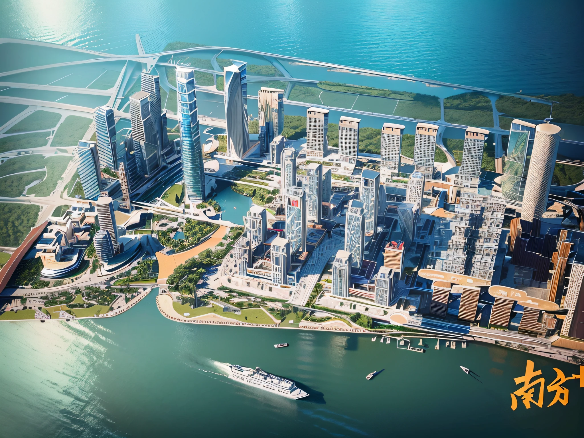 arafly city skyline view, foreground is a river, Guangzhou city, guangzhou, china, skyline display, skyline, from China, trend, 3d model hd rendering, architectural rendering, Unreal Engine rendering, chinese dreamland, spectacular clouds, fantasy clouds. Part looking to the left, Huancheng, Guangzhou Financial City. Chinese architecture,. The bustling tech building is beyond imagination. Inspired by Shinkai's sought-after concept art and masterpieces on PixiV, vision (wide-angle lens), ultra-high resolution (authenticity: 1.4), ultra-high quality, enhanced detail. Extremely detailed CG Unity 8k wallpapers, aesthetics, award-winning photography, realism, high detail, intricacies, art of travel, realistic 3D animation style, landscape concept art, ultra-high resolution (realism: 1.4), aesthetics, focus, high quality, vivid colors, beautiful reflections, crystal clear water, award-winning photography, 3D lighting and beautiful cinematic lighting. Rich in detail.