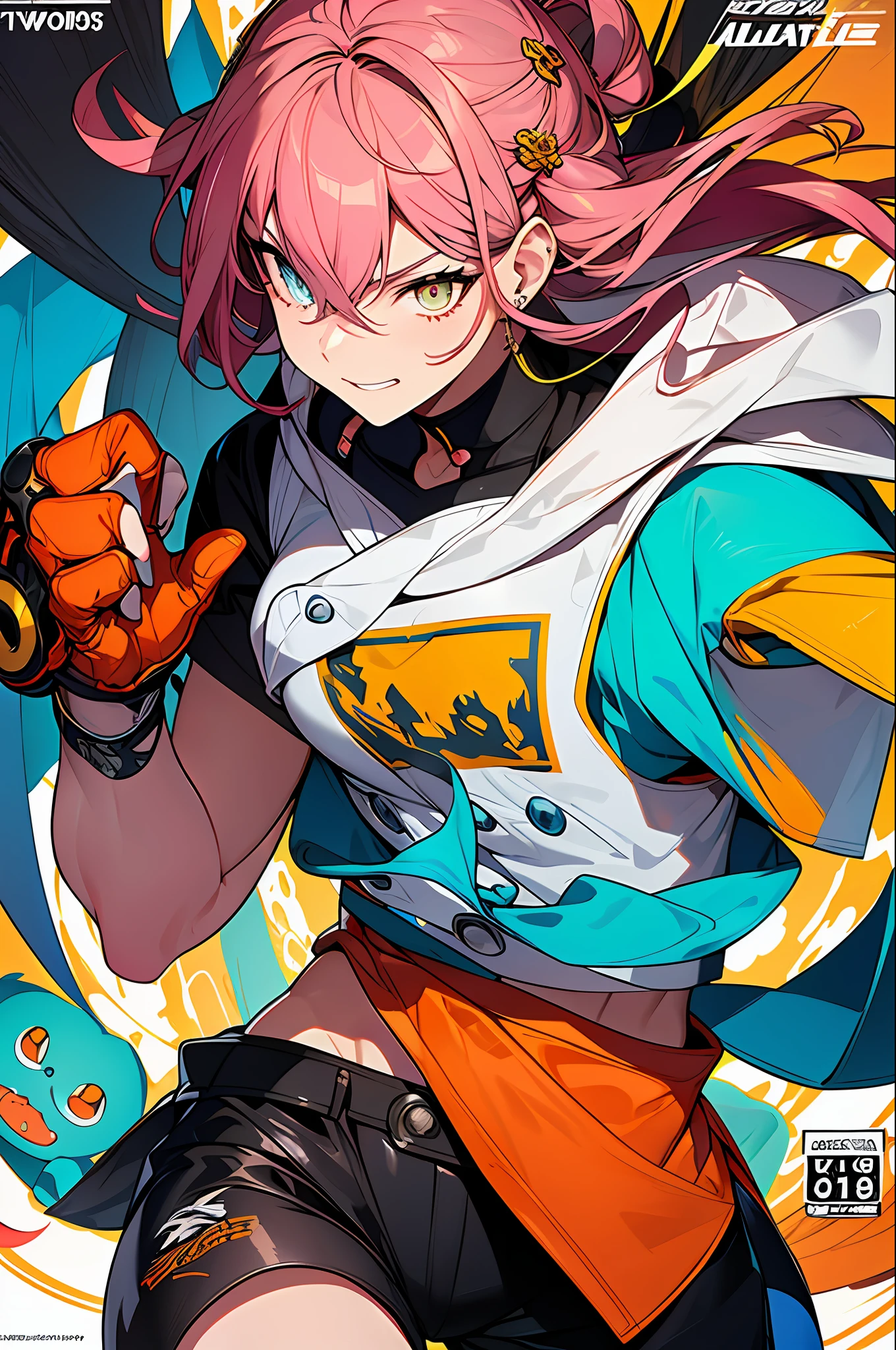 background, mixed-language_text, Japanese letters in graffit ,girls, excellent lighting, sidelighting, (), vhsKeeper,, style GUILTY GEAR -STRIVE perfect ultimate (flat color: 1.3), (magazine_cover: 1.4), (multicolored_background: 1.3), striped_background, card_background, :: comix style by joe madureira :: circular pieces of white metals glued to the arms coming out shimmering yellow glow, , perfect and detailed, ultra detailed shirt with abstract design and with letter print Japanese in graffit of the sides of clothing, image of full-body girls fighting alongside you with powerful dragons versus alien creature full of tentacles, with immersive effects, hover effect, background graffiti style tribal tattoo with vibrant colors "HDR ultra" detailed and with focus effect, (masterpiece: 1.2, best quality), (beautiful eyes finely detailed: 1.2), , ((Solo)), (Finely detailed eyes and detailed face :1.3), in various full-body attack poses, (cute background: 1.2),futuristic costume, super detailed circular metals Clinging to arms and pants, fantastic paintings