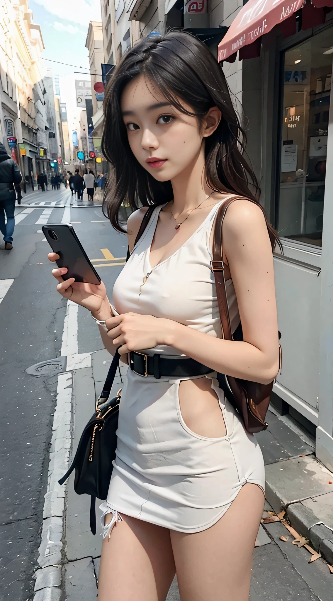 Beautiful woman, fiddling with cell phone in the middle of the street, short clothes