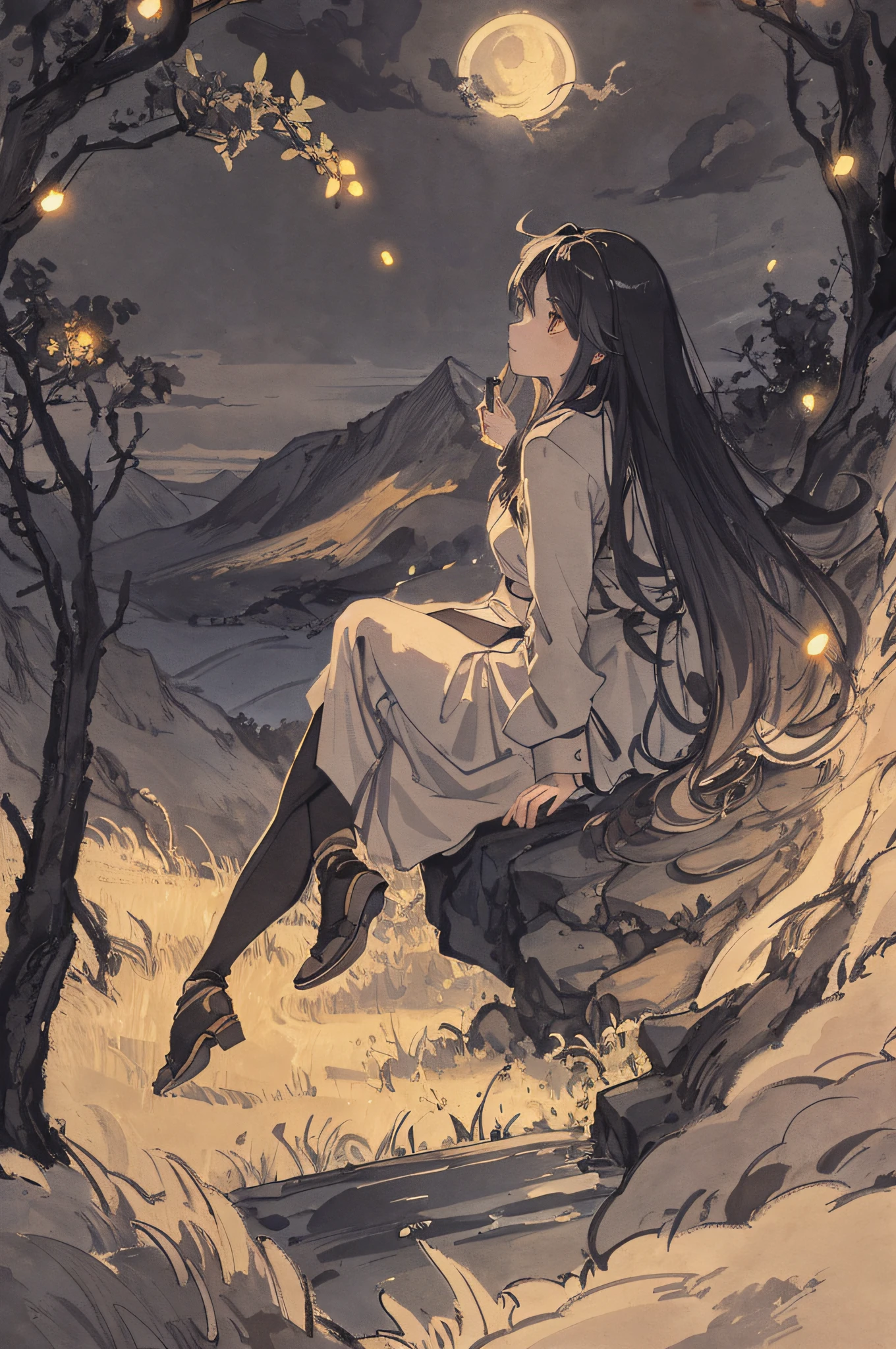 masterpiece, best quality, night, hill, clouds, full moon, long hair, woman, silhouette, fireflies.