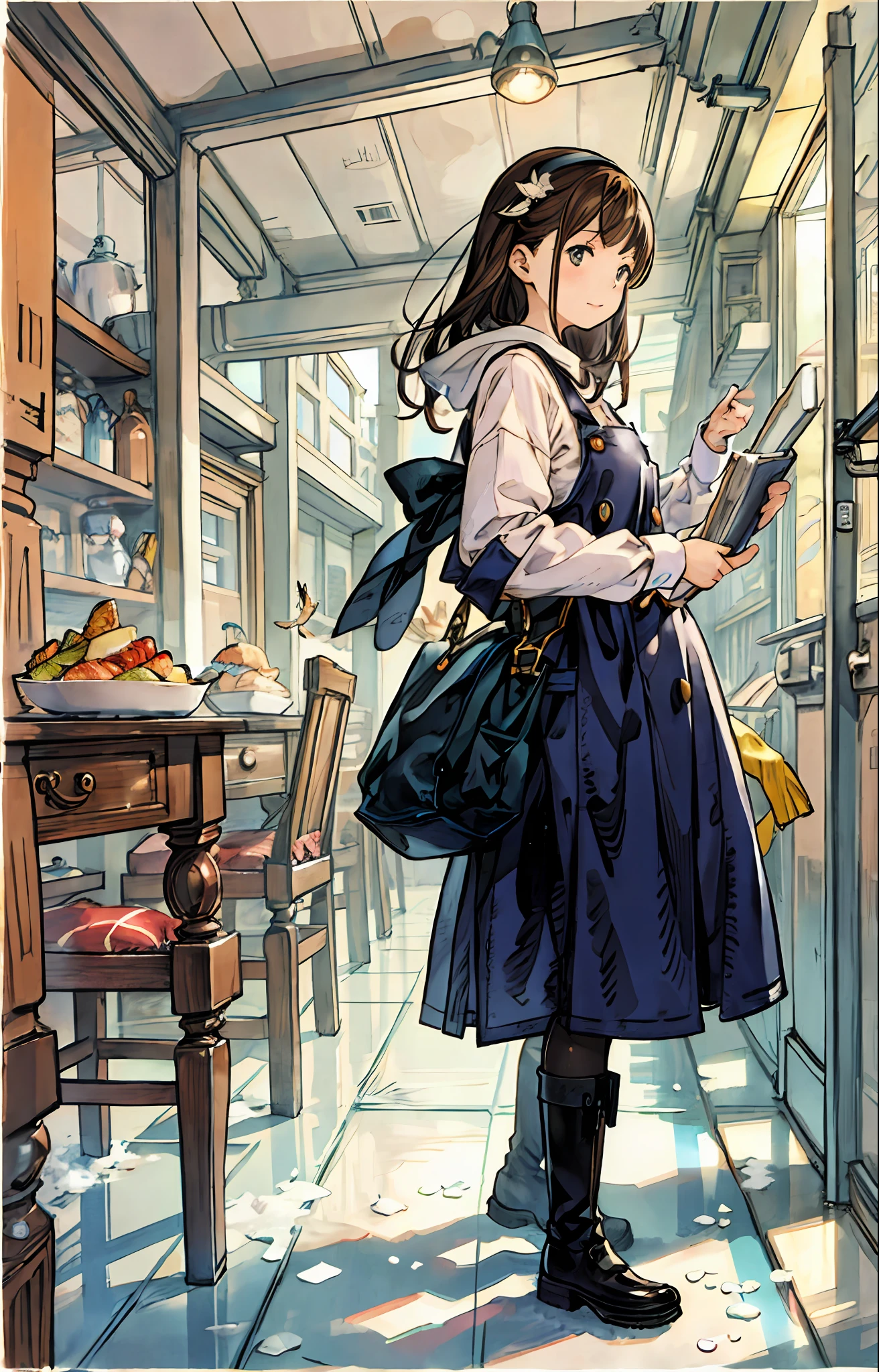 best quality, detailed background, girl,sea, cafeteria, bird, snow, winter,