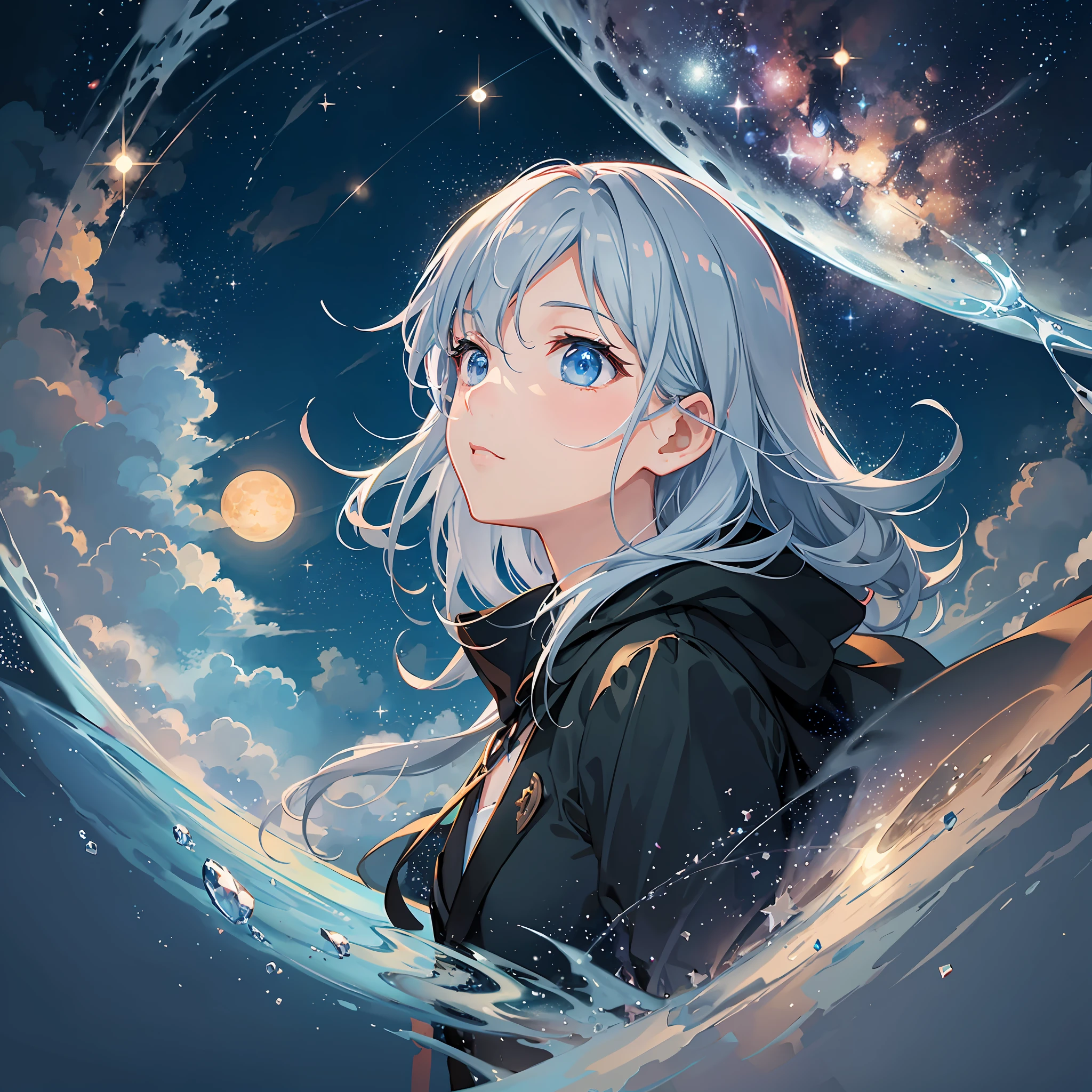 A highly condensed beauty dressed in a painting of stars and moons in the river and sky, concept art inspired by Tosa Mitsuoki, pixiv competition winner, best quality, fantasy art, beautiful anime scenes, a round of bright moon, starry sky environment in the moonlight, dream painting, anime background art, dream landscape art, fantastic night, anime background, background artwork, fantastic art, atmospheric anime, starry sky, detail enhancement. --auto --s2