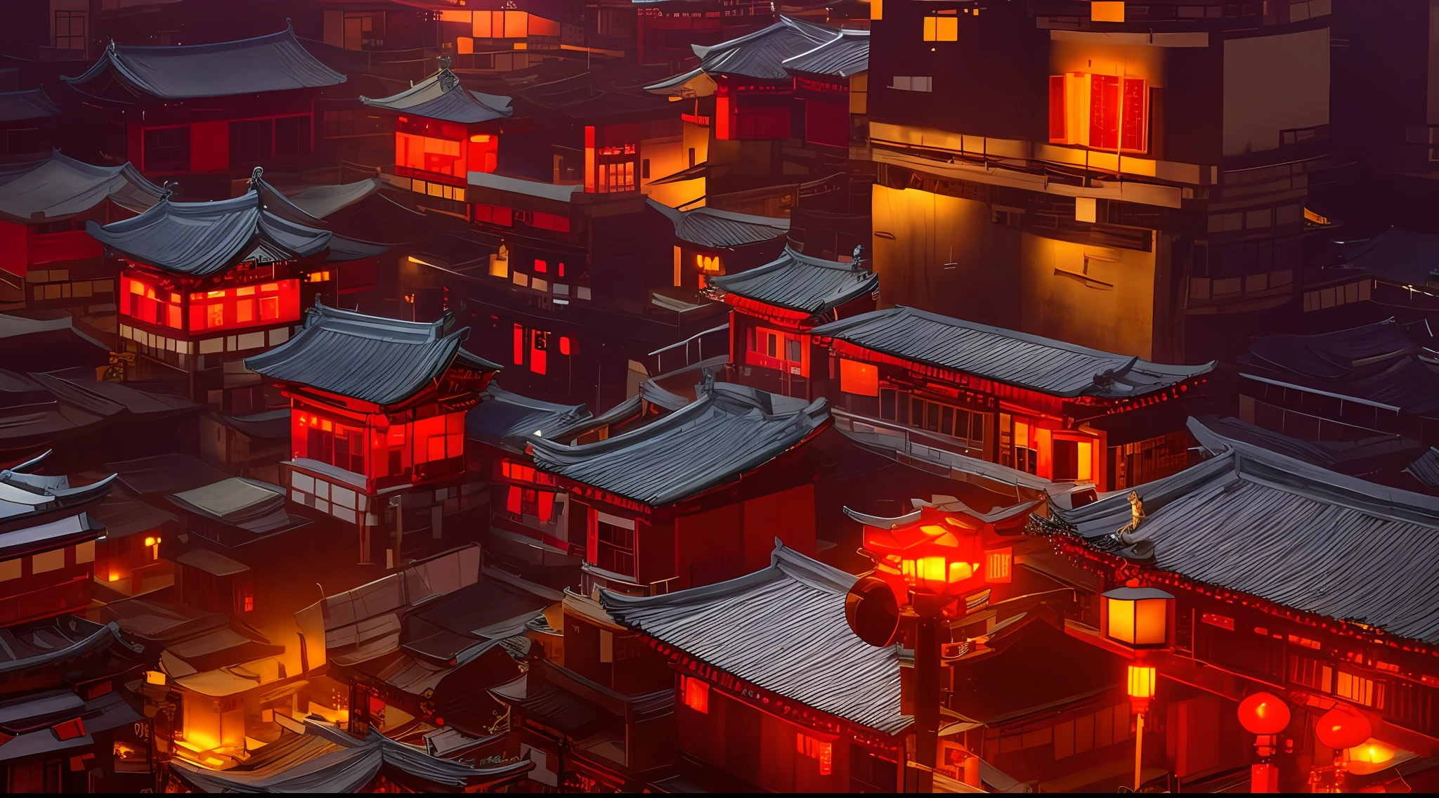 Alafd view of the city with many buildings and lights, fantastic Chinese town, cyberpunk ancient Chinese town, ancient Chinese architecture, Japanese city, Japanese town, Japanese city at night, ancient Japanese architecture, Chinese architecture, beautiful rendering of Tang dynasty, Chinese village such as Jiufen, Japanese Village, Cyberpunk Japanese temple