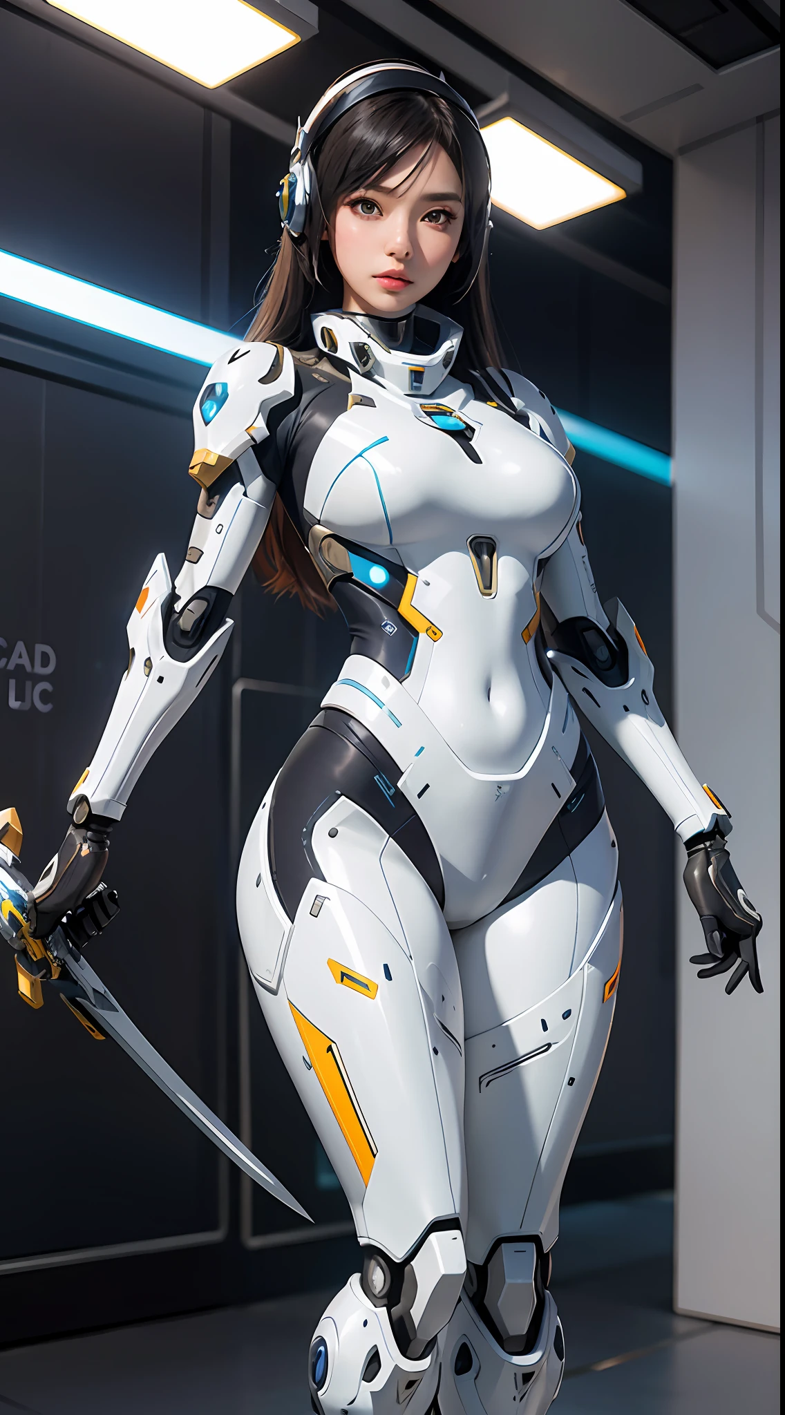 a woman in a futuristic suit with a sword,full-size photograph,Long legs, Slightly chubby,navel,Transparent skin,Perfect body shape,art feminine, Macro distance,mechanized valkyrie girl, ferra white mecha, girl in mecha cyber armor, female mecha, extremely detailed artgerm, echo from overwatch, gorgeous female paladin,Advanced Rendering,depth of field