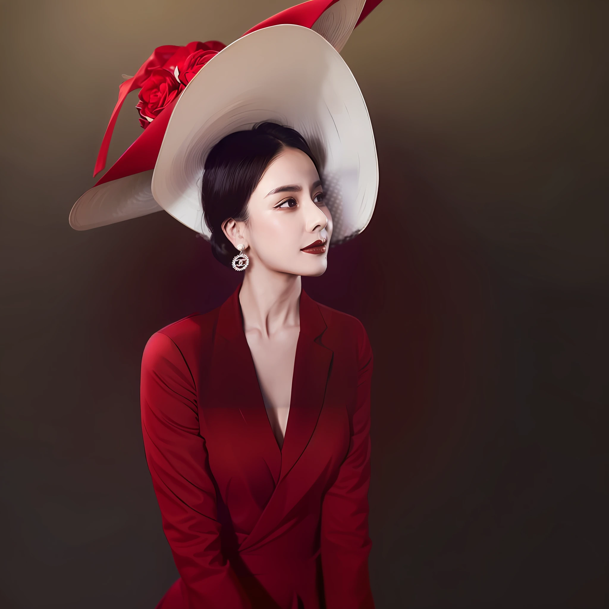 araffe woman wearing a hat and red dress with a red lipstick, inspired by Cheng Jiasui, inspired by Yao Tingmei, inspired by Wang E, maggie cheung, inspired by Huang Ji, inspired by Liu Haisu, inspired by Zhang Shuqi, inspired by Wang Meng, inspired by Wang Lü, chaumet style, li bingbing
