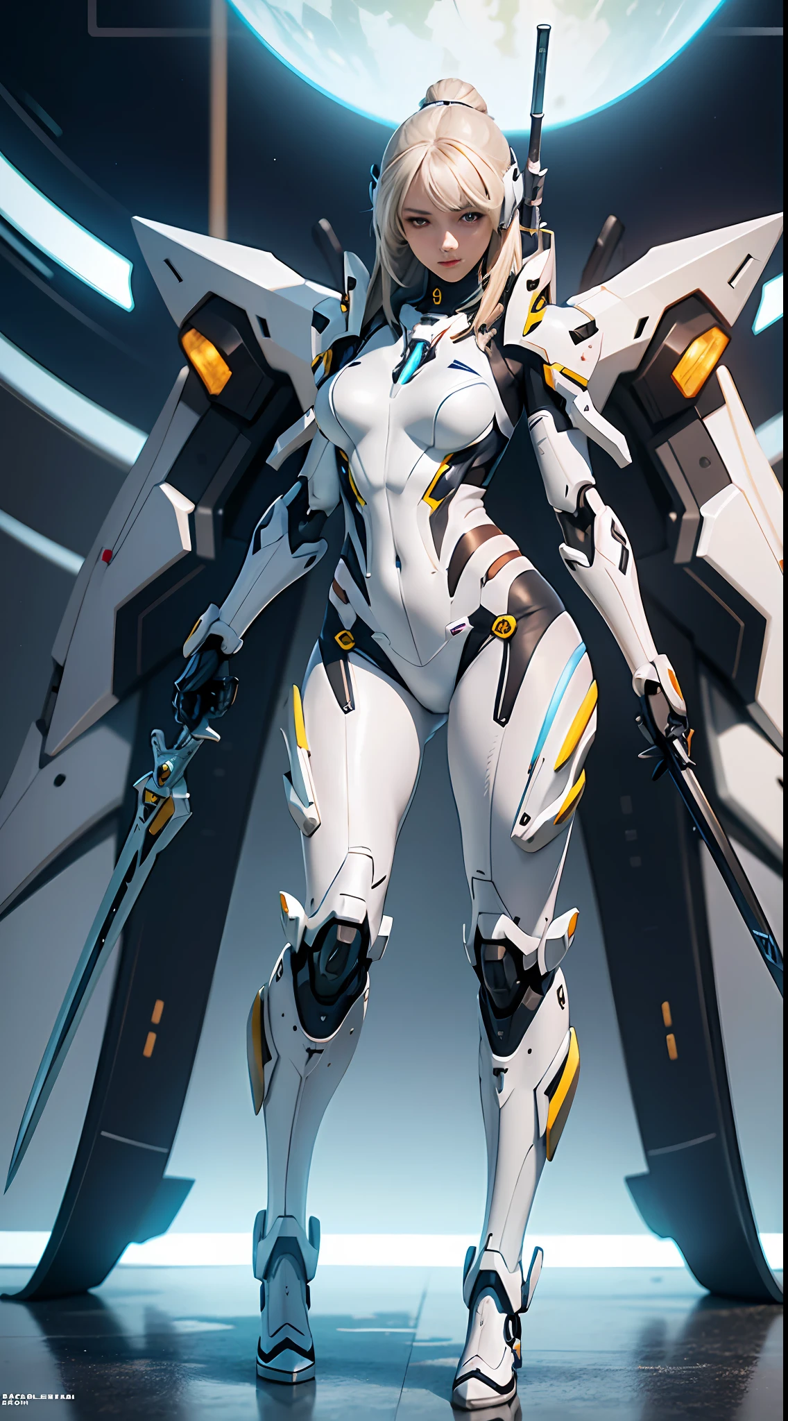 a woman in a futuristic suit with a sword,full-size photograph,Long legs, Slightly chubby,navel,Transparent skin,Perfect body shape,art feminine, Macro distance,mechanized valkyrie girl, ferra white mecha, girl in mecha cyber armor, female mecha, extremely detailed artgerm, echo from overwatch, gorgeous female paladin,Advanced Rendering,depth of field